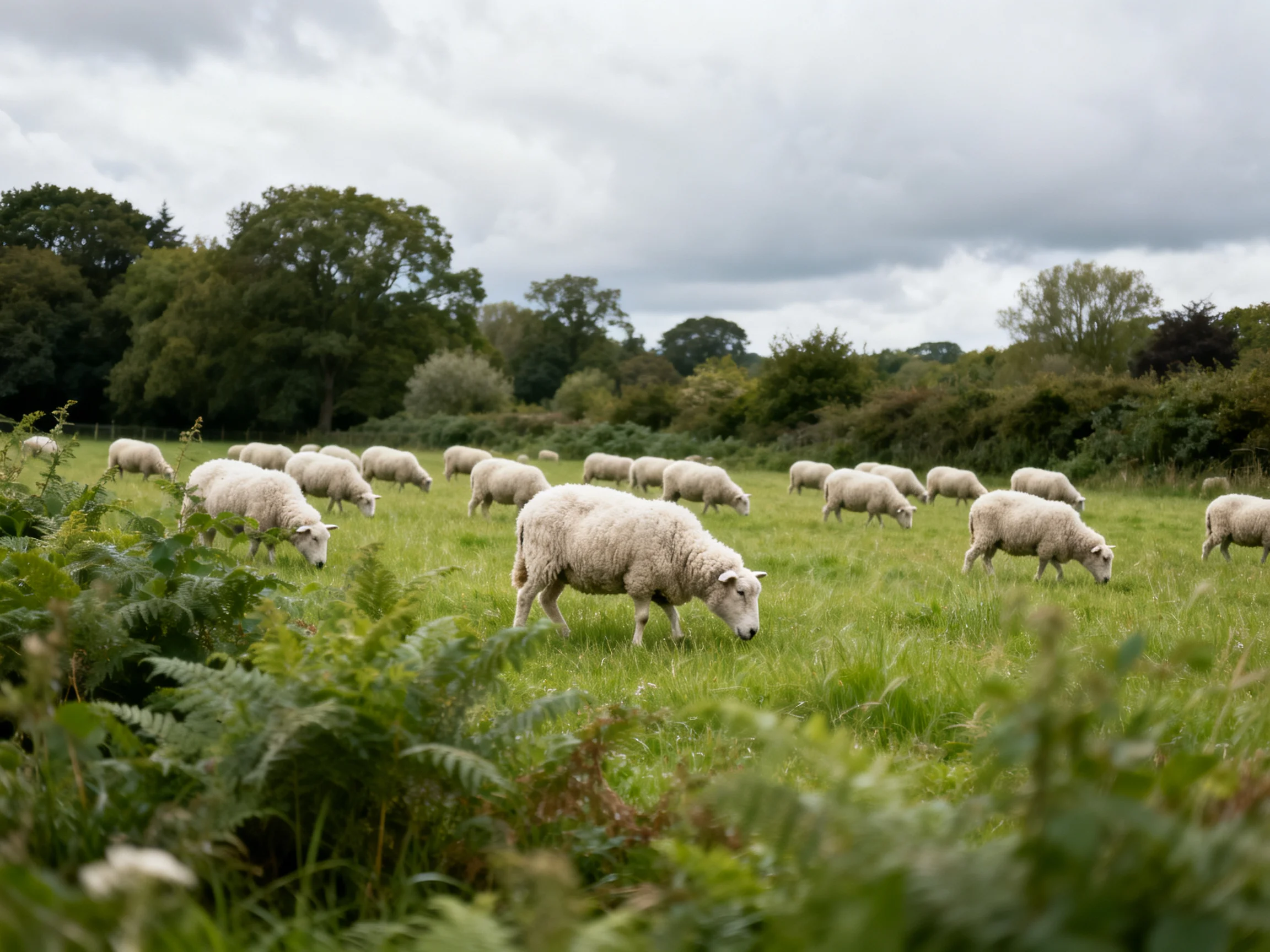 White sheep grazing in a lush green meadow