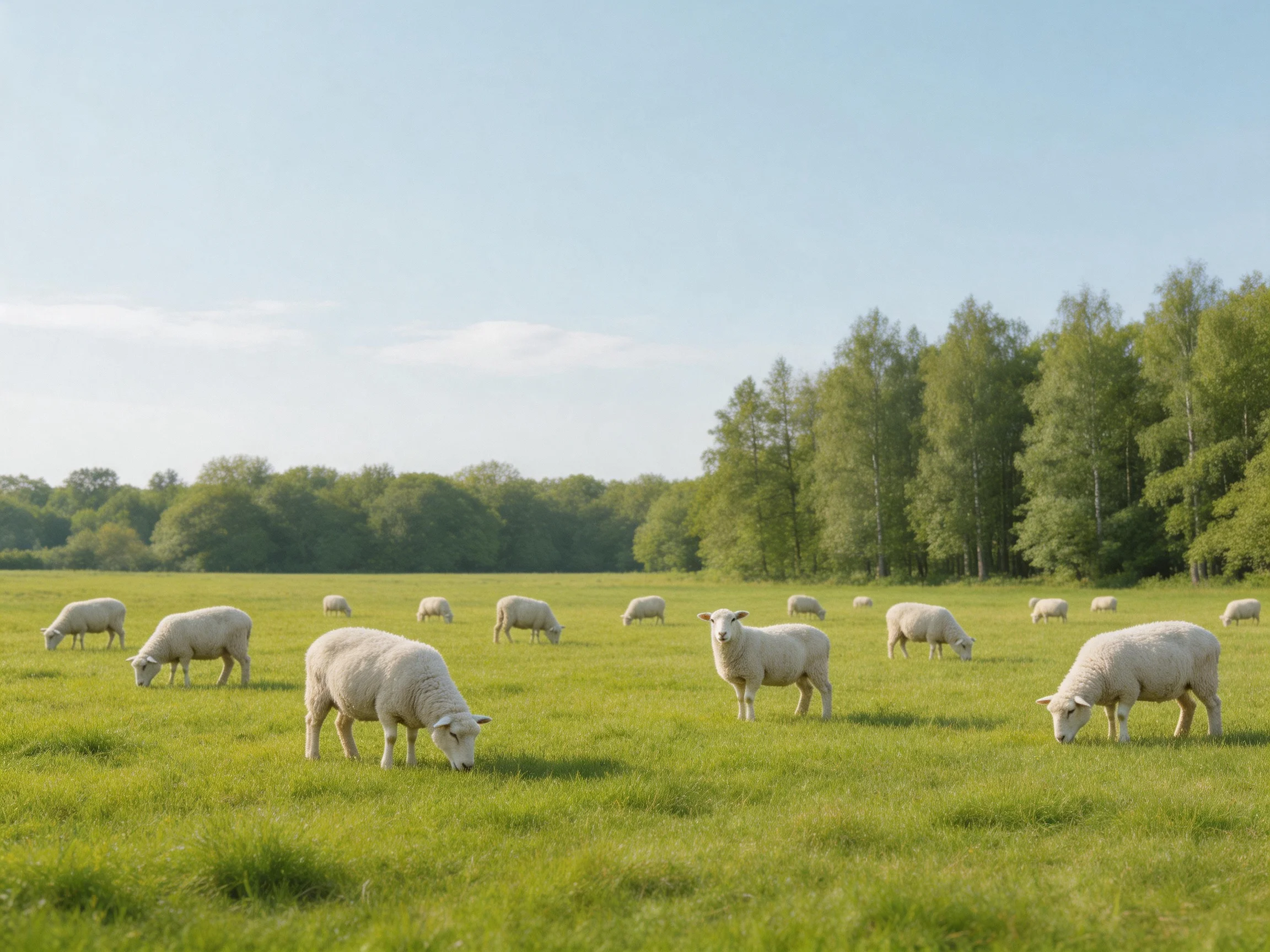 White sheep grazing in a lush green pasture near tall trees