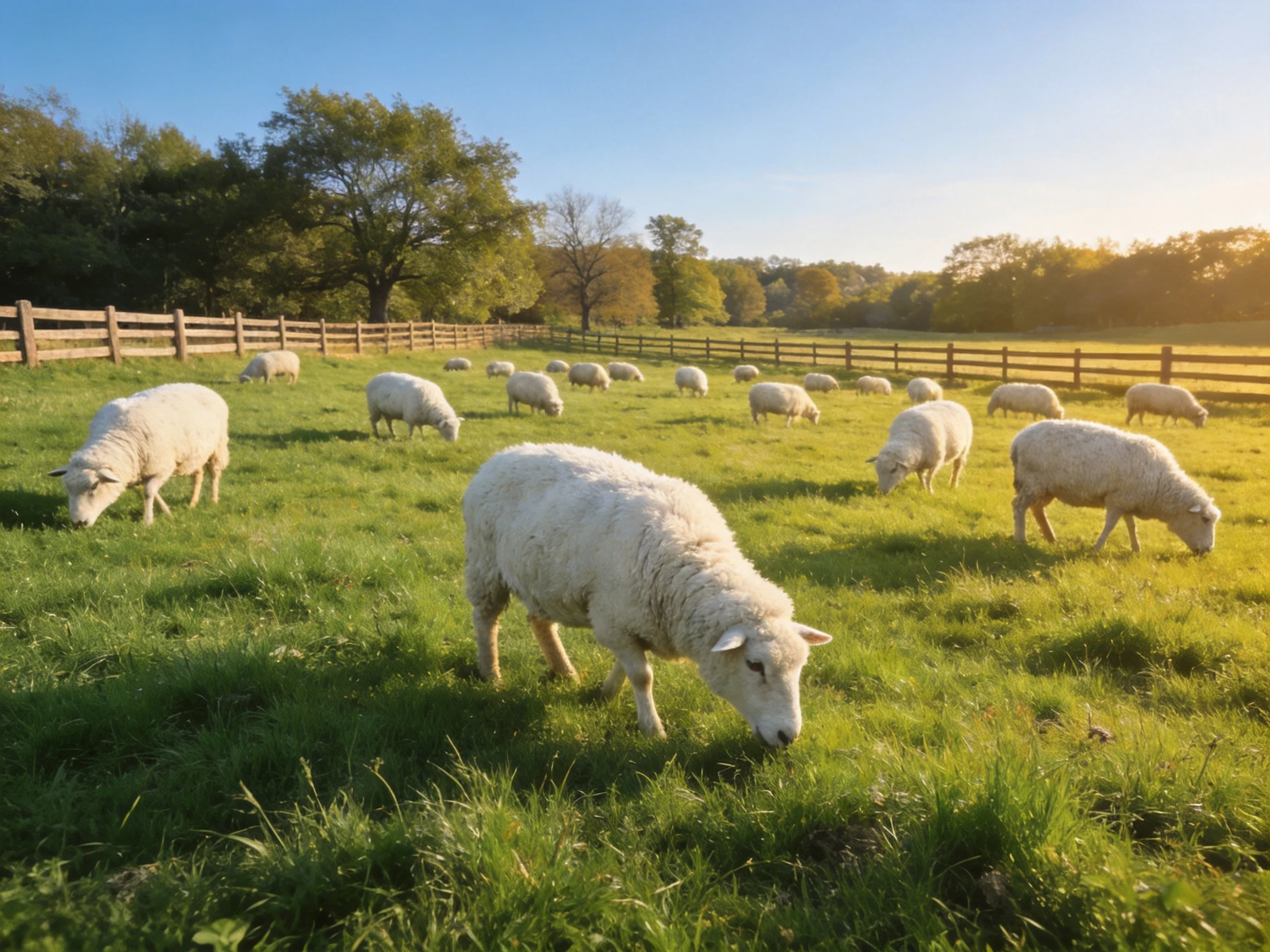 White sheep grazing in a lush green pasture near wooden fences