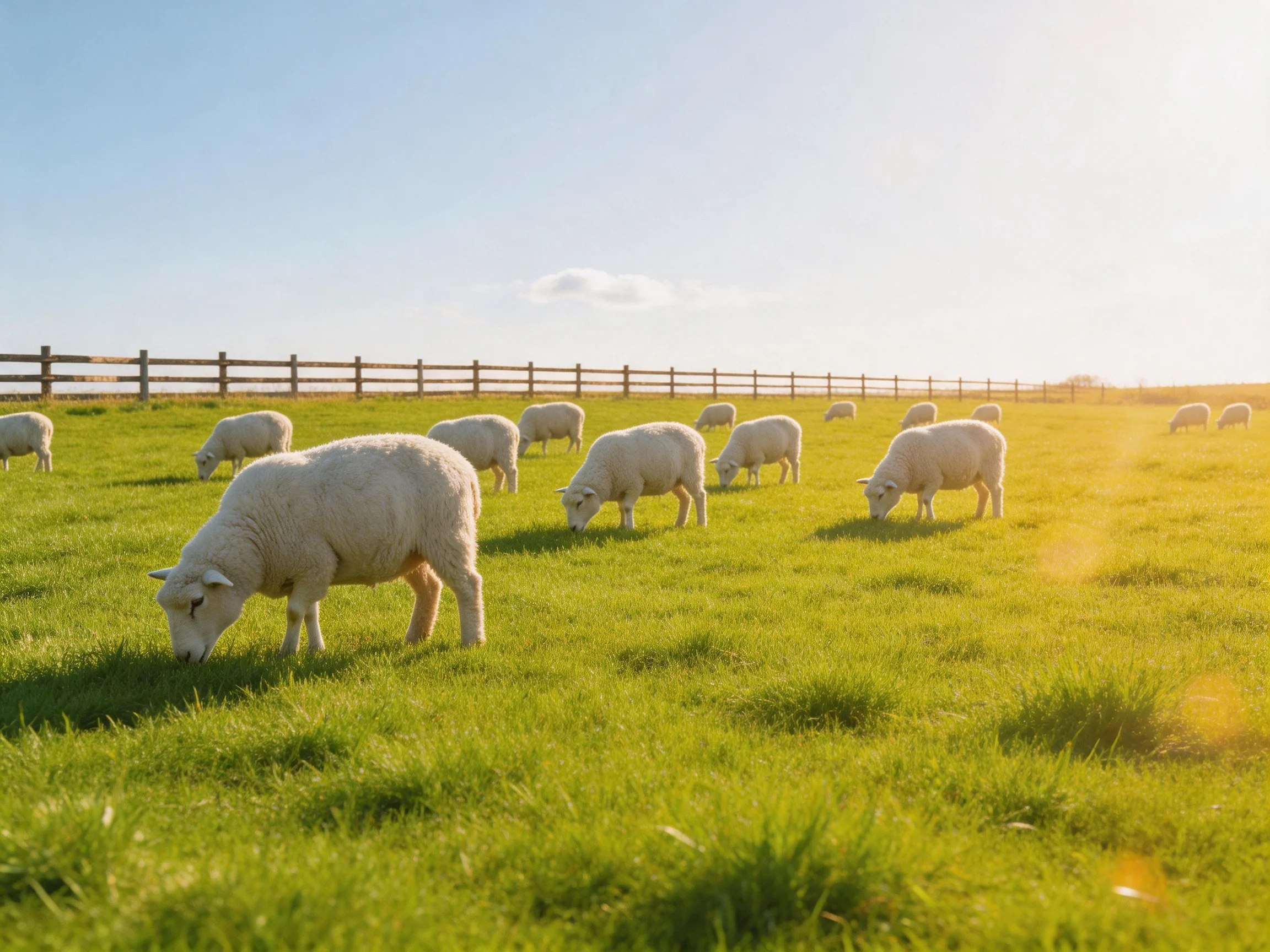 White sheep grazing in a lush green pasture under bright sunlight