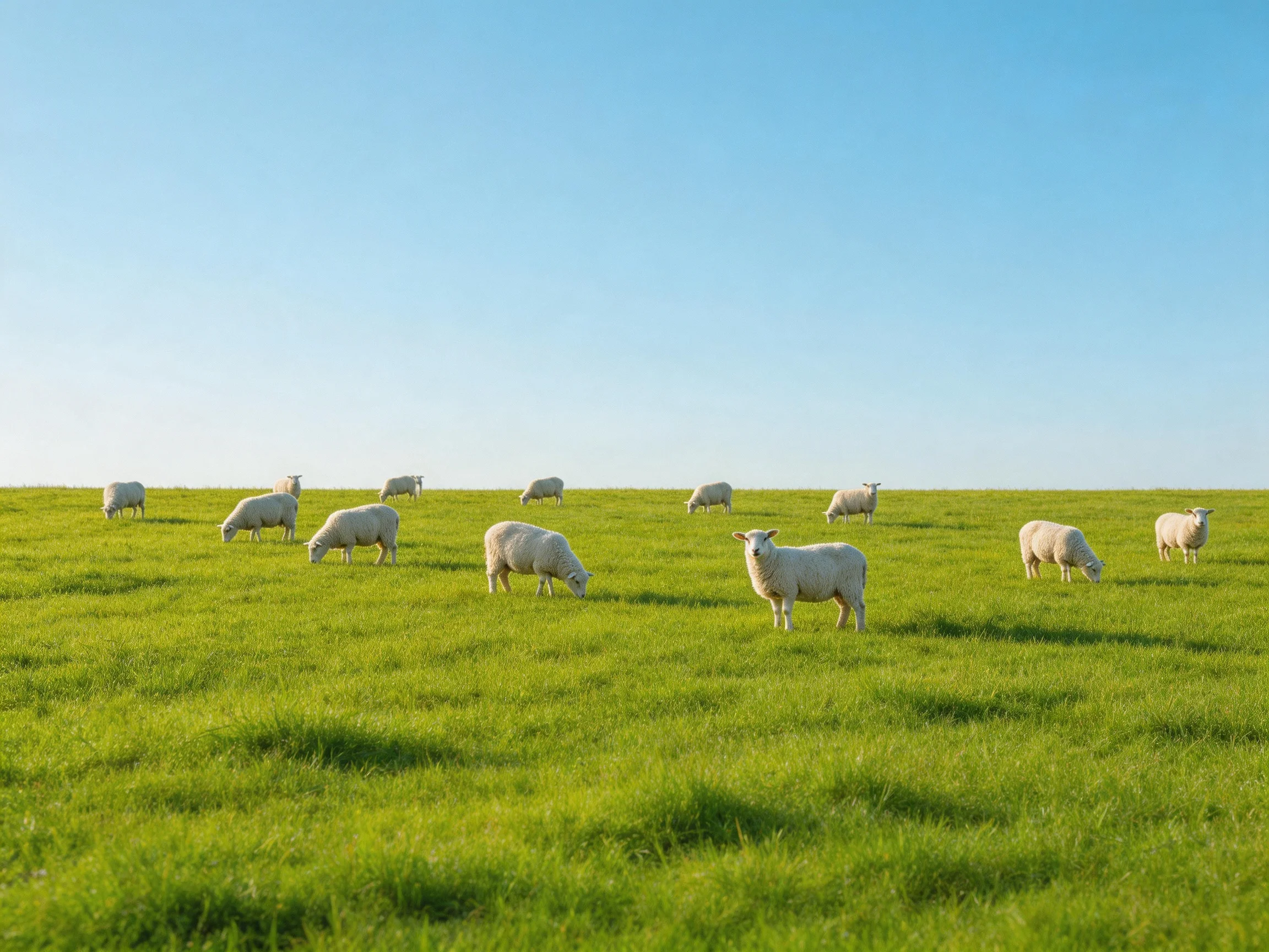 Sheep graze in a vibrant green pasture beneath a clear blue sky.