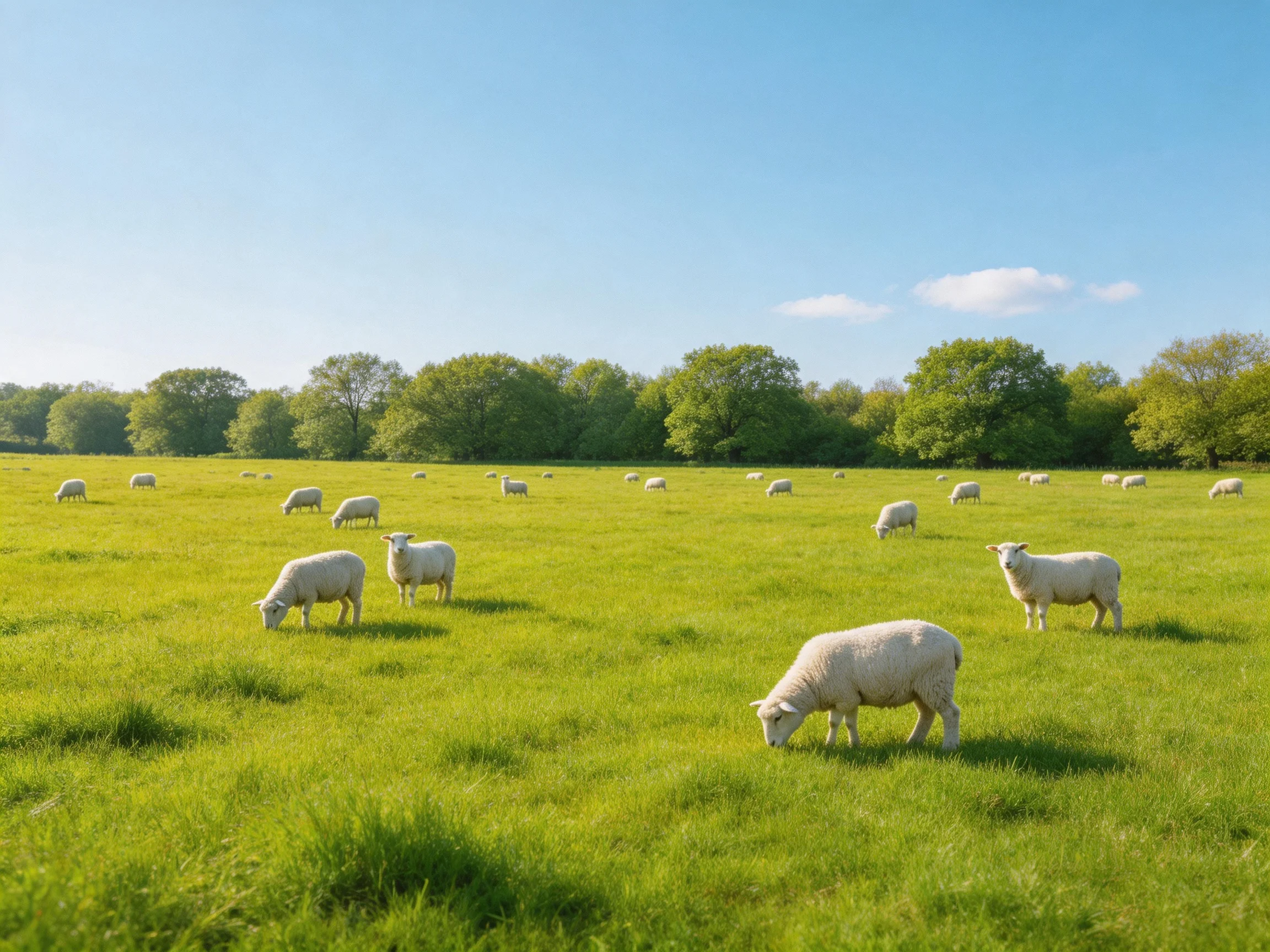 White sheep grazing in a lush green pasture under clear blue sky