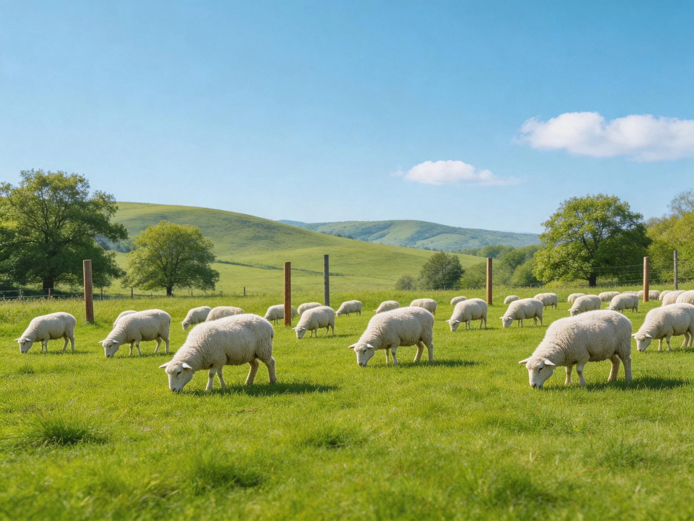 White sheep grazing in a lush green pasture with rolling hills