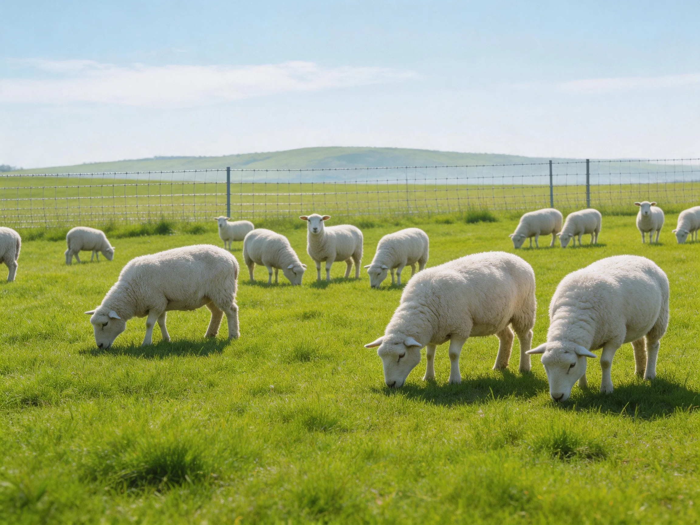 Sheep graze in a fenced, verdant pasture with distant hills