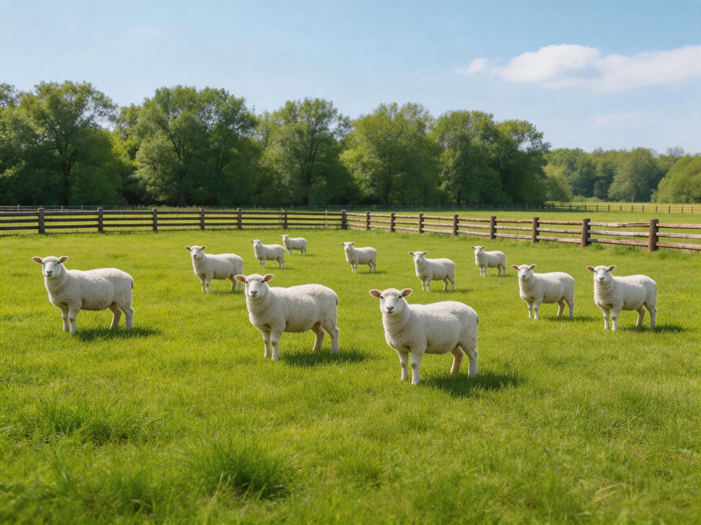 White sheep graze in a sunny fenced pasture near trees.