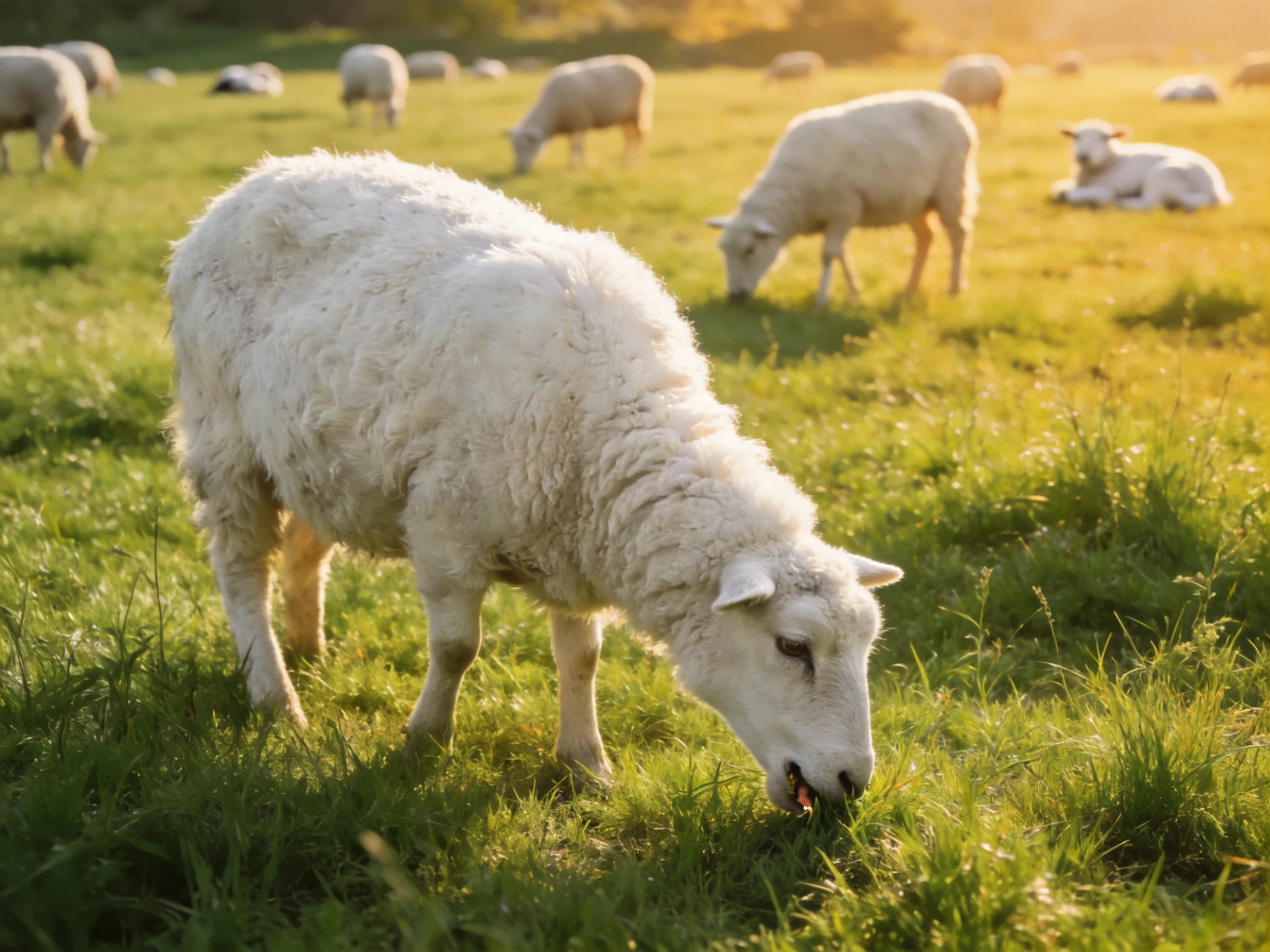 White sheep grazing in a sunlit green pasture