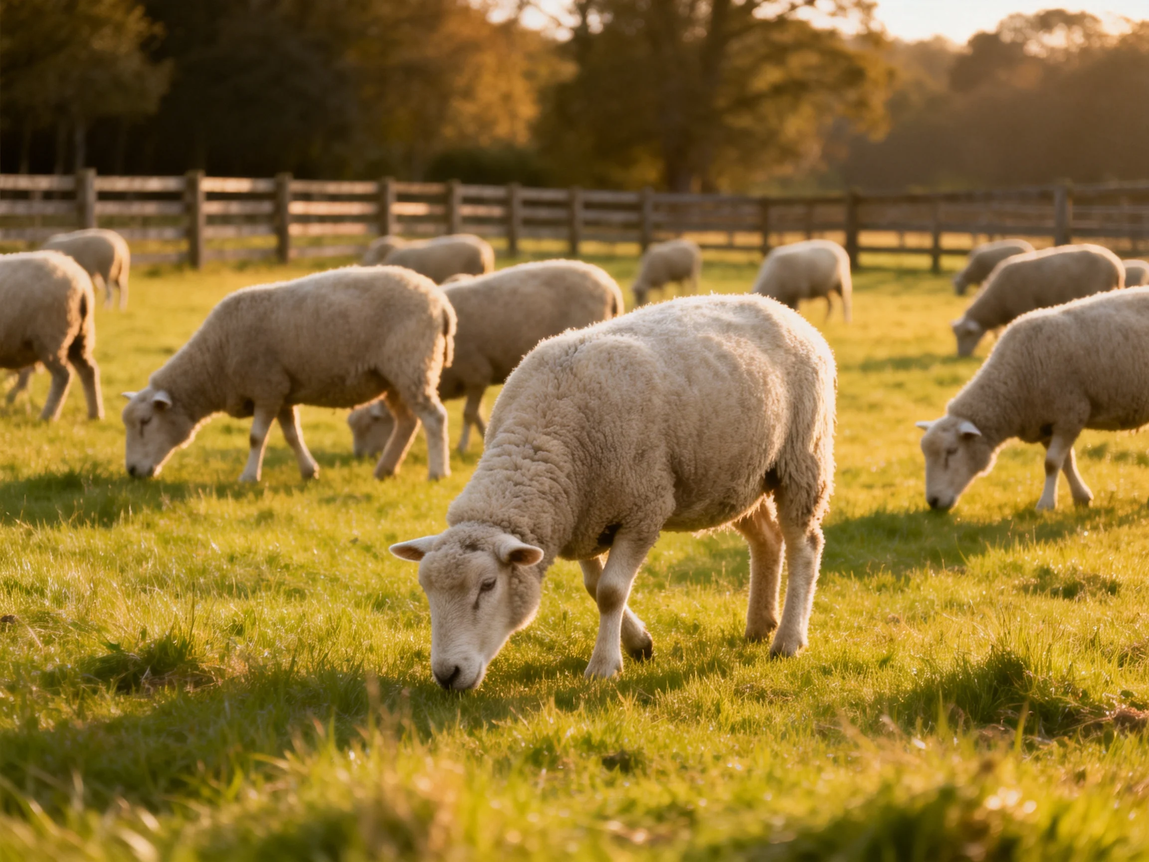 White sheep grazing in a sunlit green pasture with wooden fence