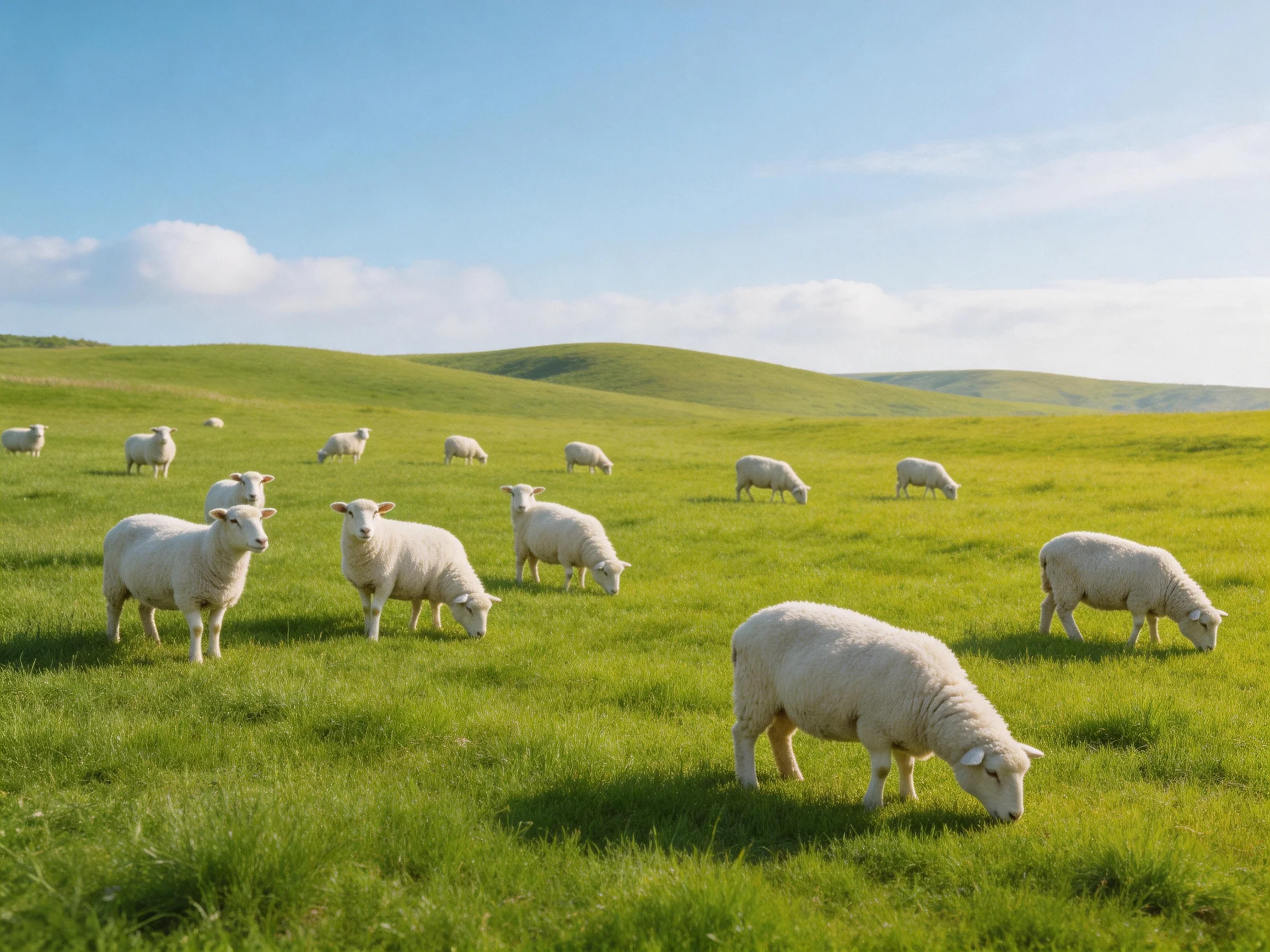 White sheep grazing in a vast green meadow with rolling hills