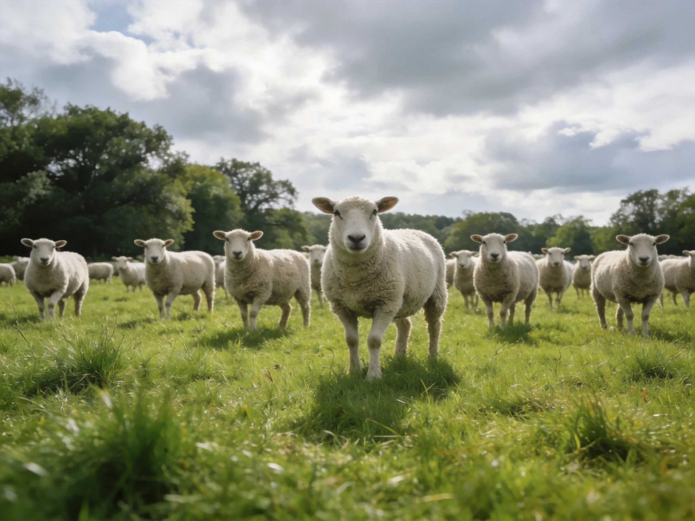 White sheep herd in a green pasture with cloudy sky