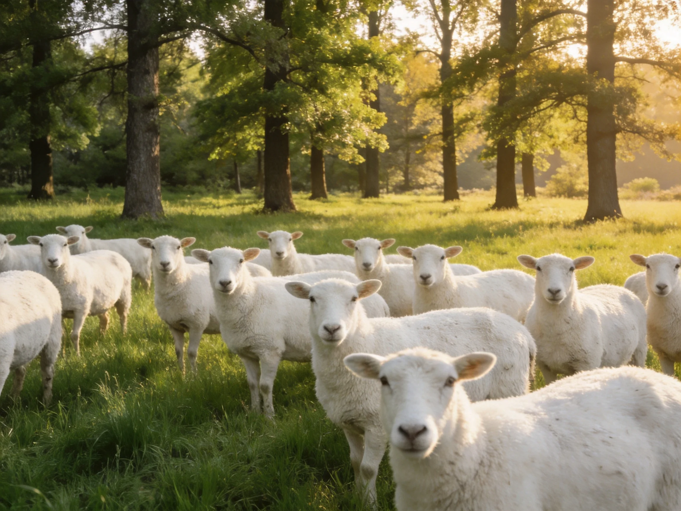 White sheep herd in sunlit forest clearing