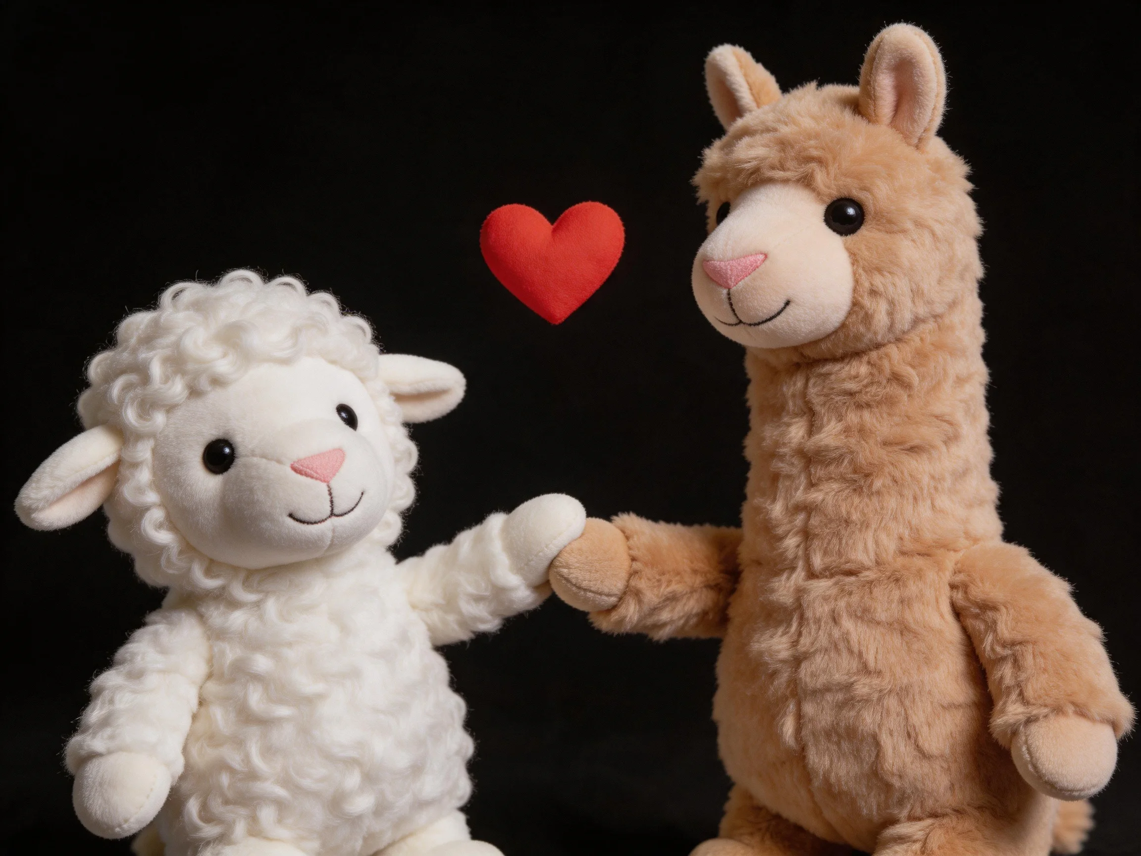 White sheep plush and brown llama plush hold hands near a red heart