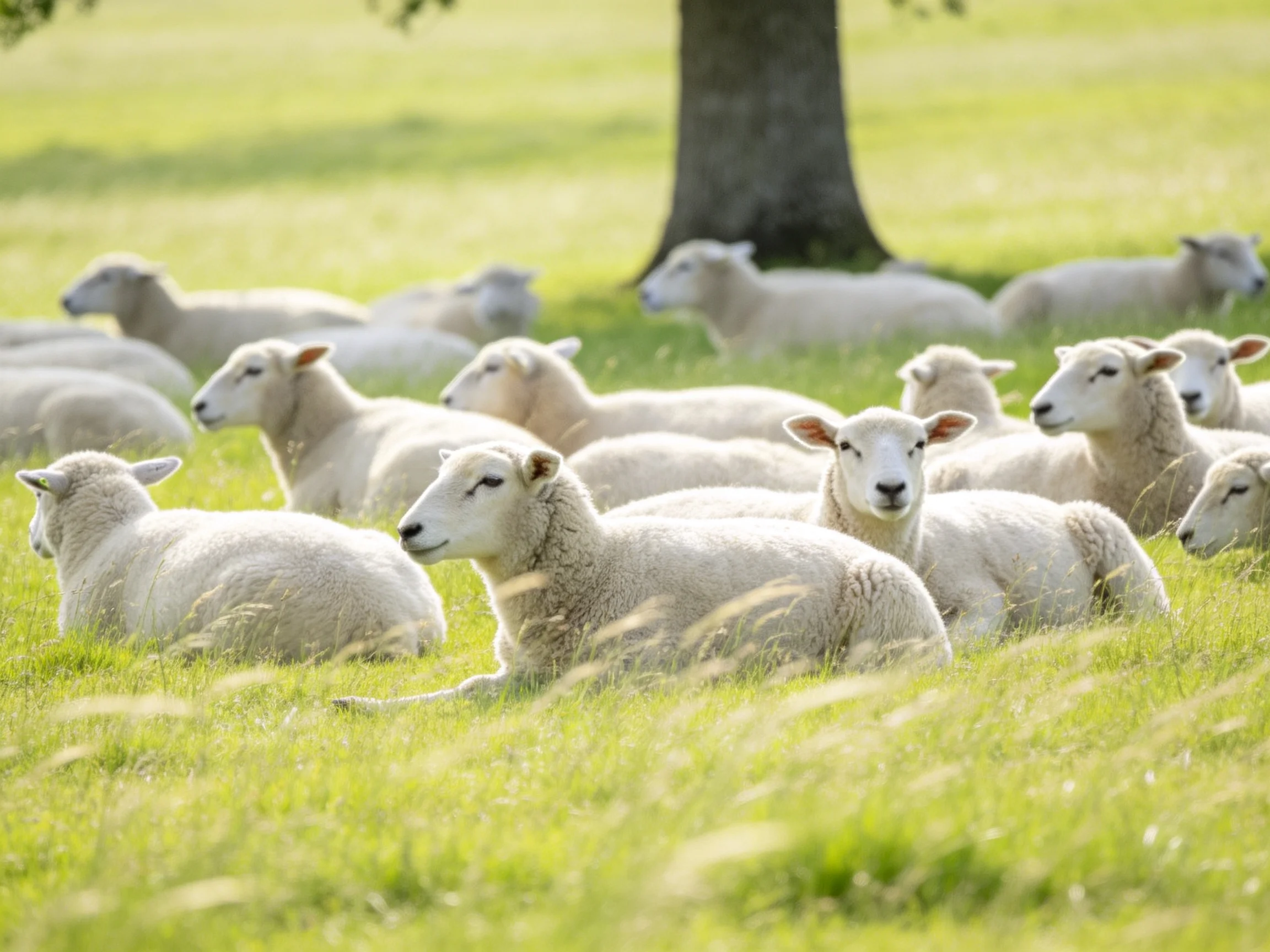 White sheep rest peacefully in a sunlit green pasture near a large tree.