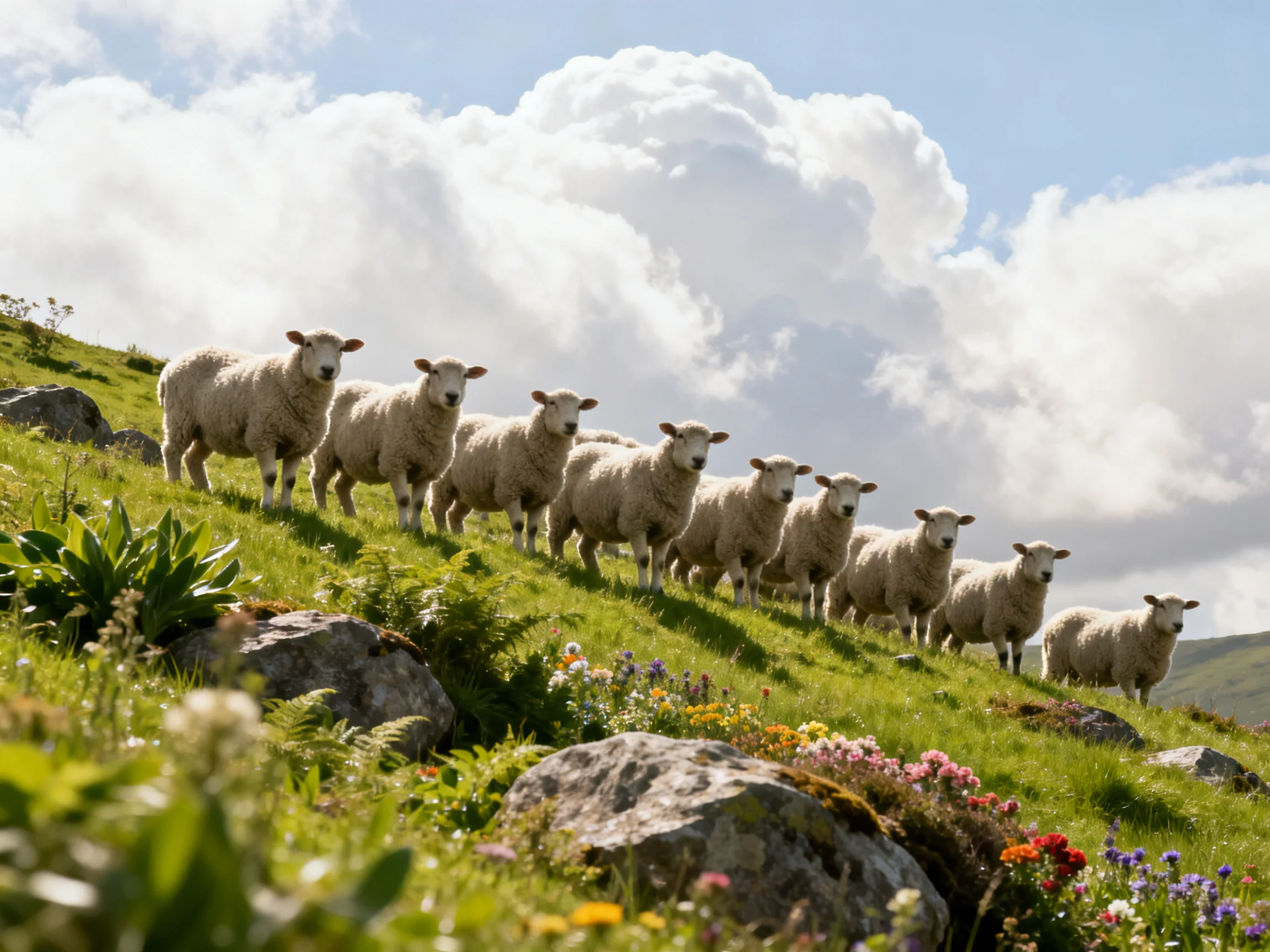 White sheep stand in a row on a flowered green hillside beneath a bright sky