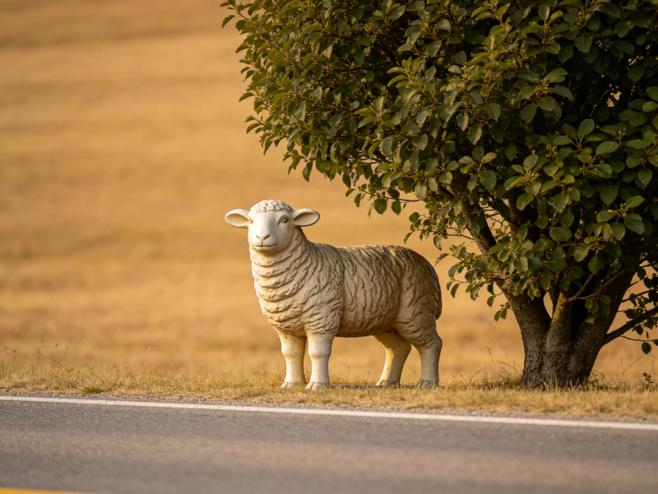 White sheep statue near green bush by paved road