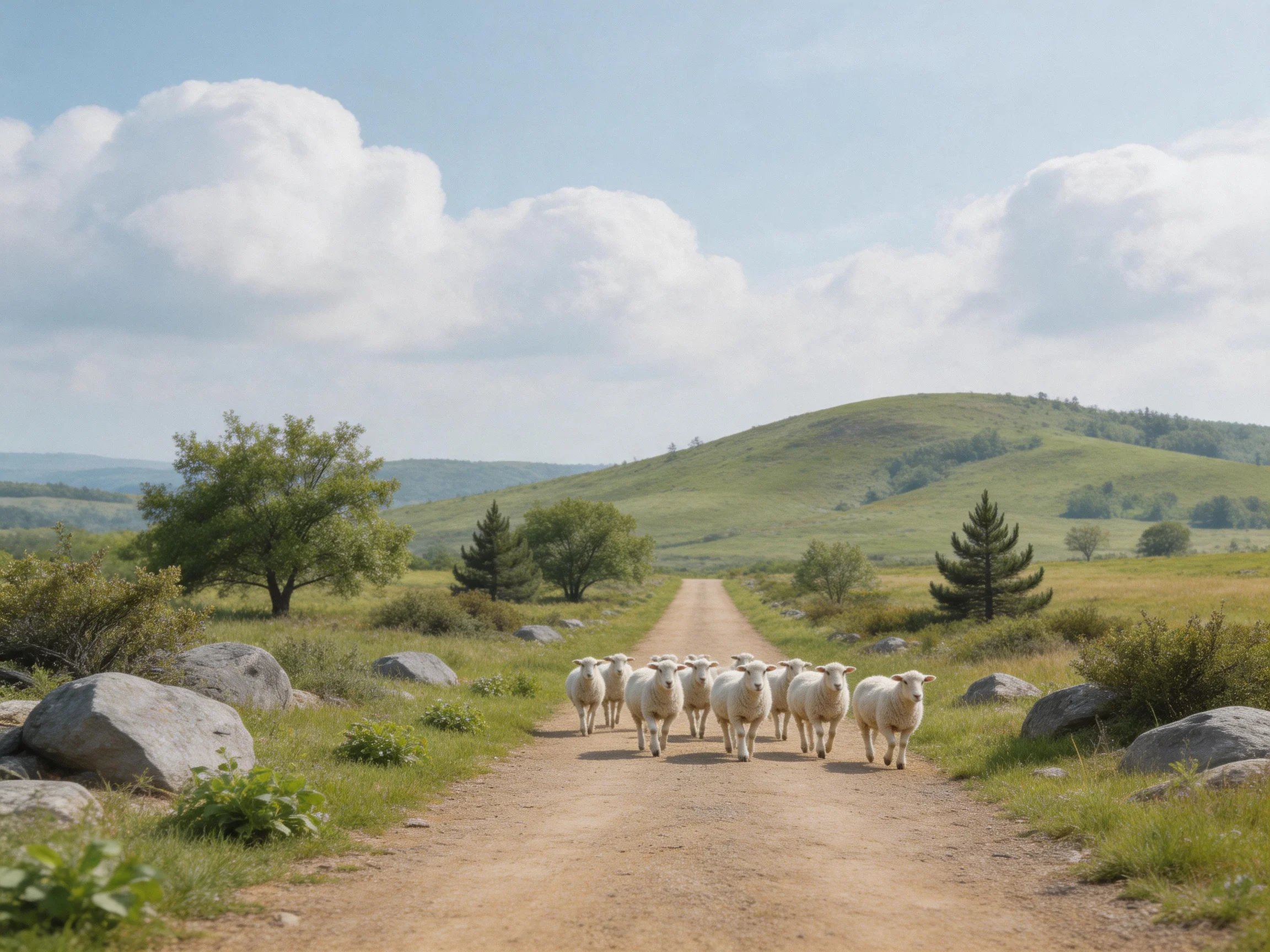 White sheep walk down a dusty country road near green hills