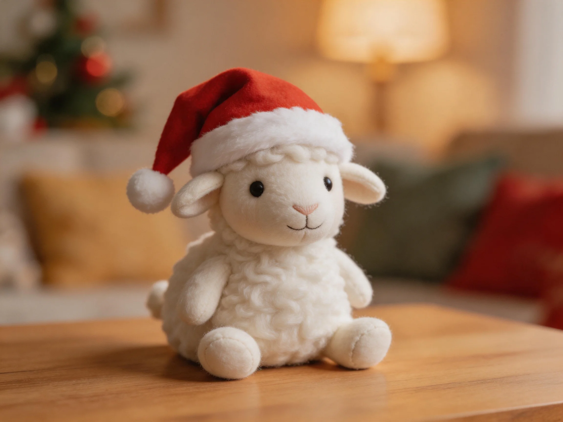 White stuffed sheep in red Santa hat on wooden table