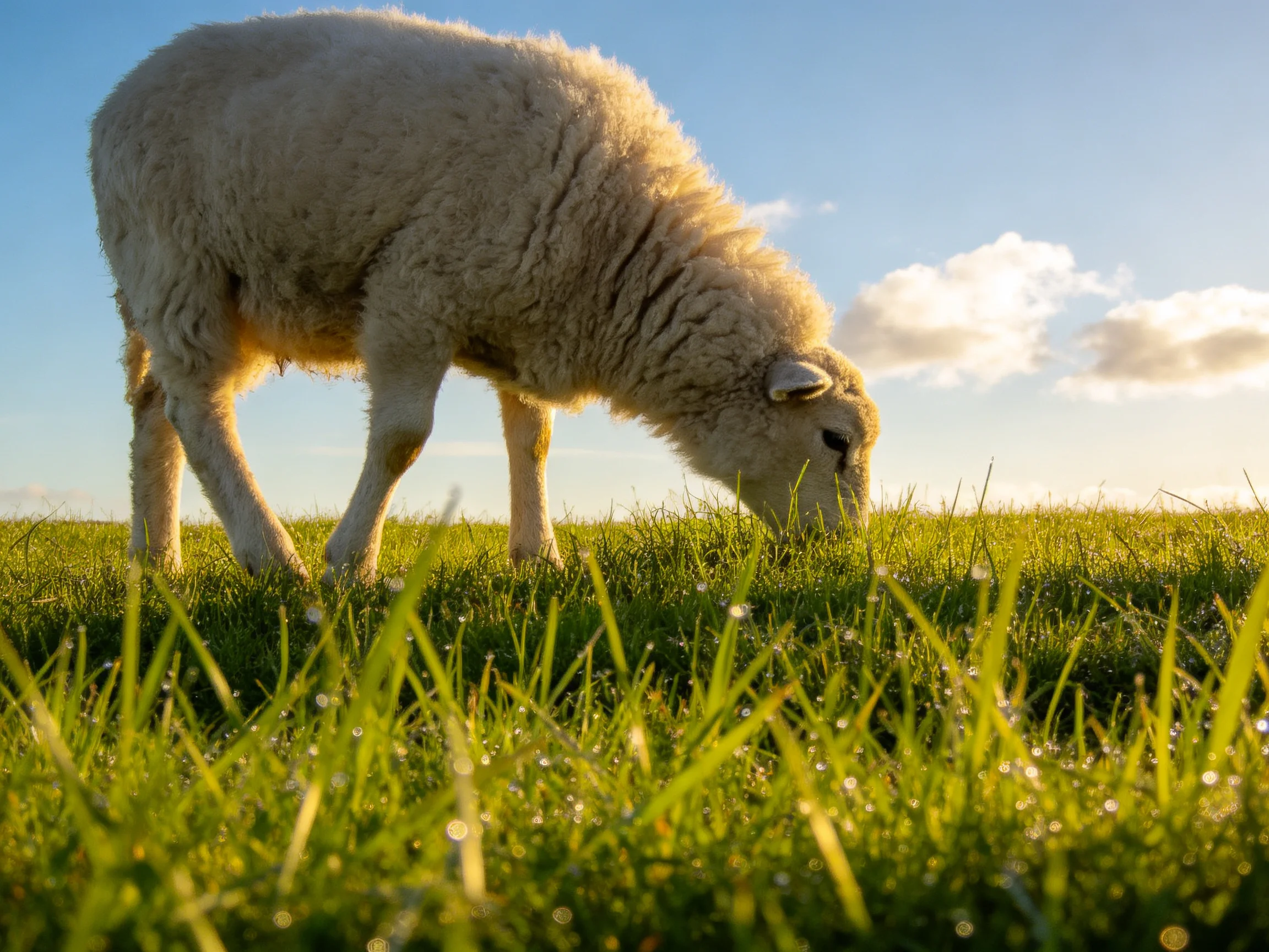 White woolly sheep grazing in dewy green field under bright blue sky