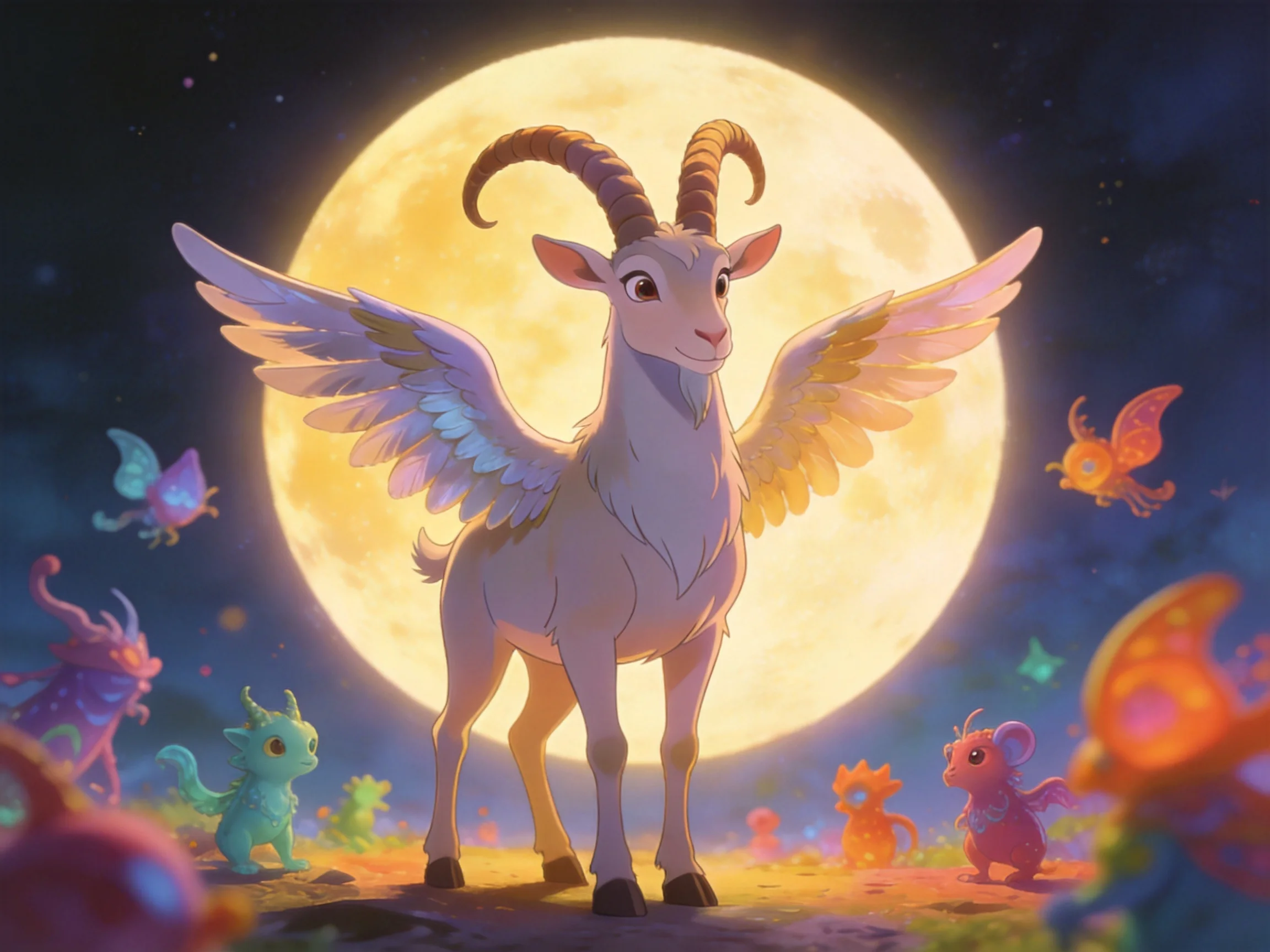 Winged horned creature surrounded by fantastical creatures under a large moon