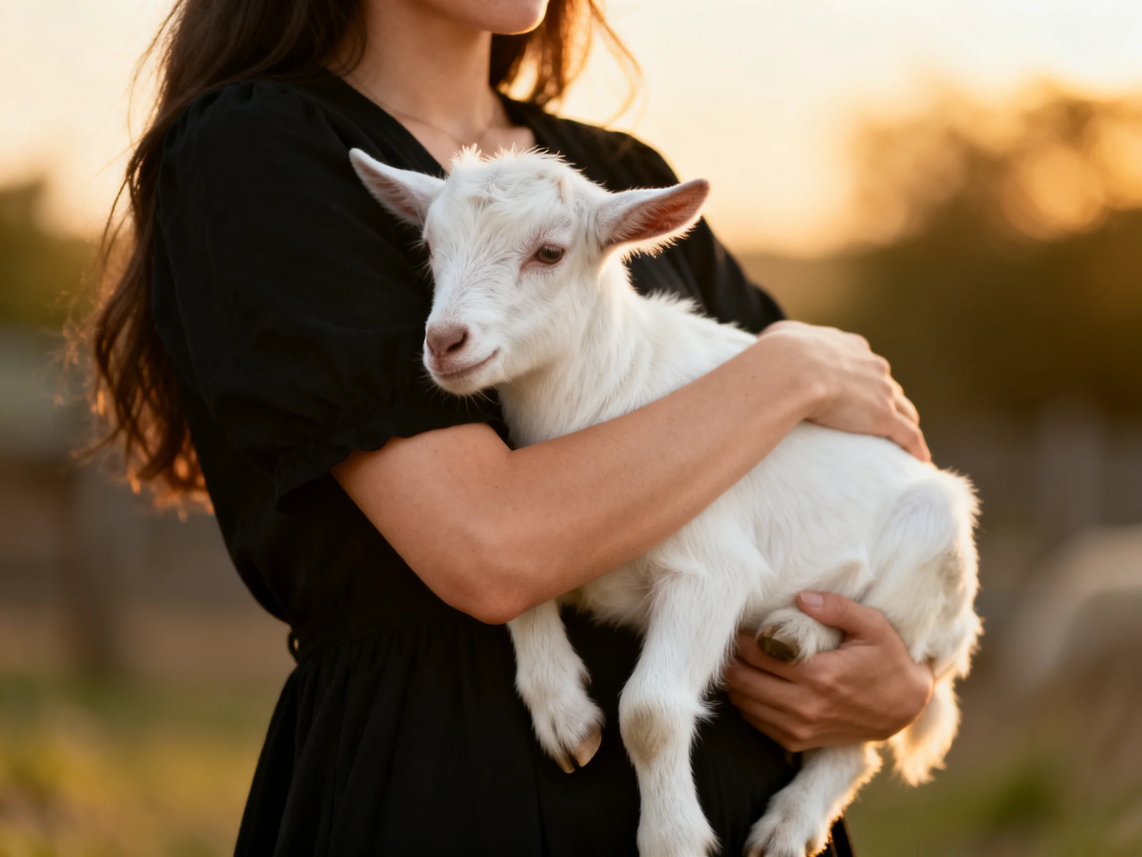 Woman in black dress holds small white goat outdoors at sunset