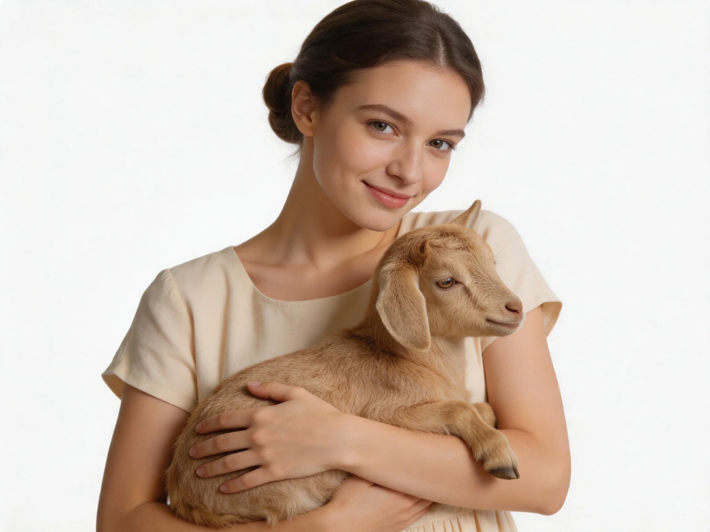 Woman in cream dress holds a light brown baby goat