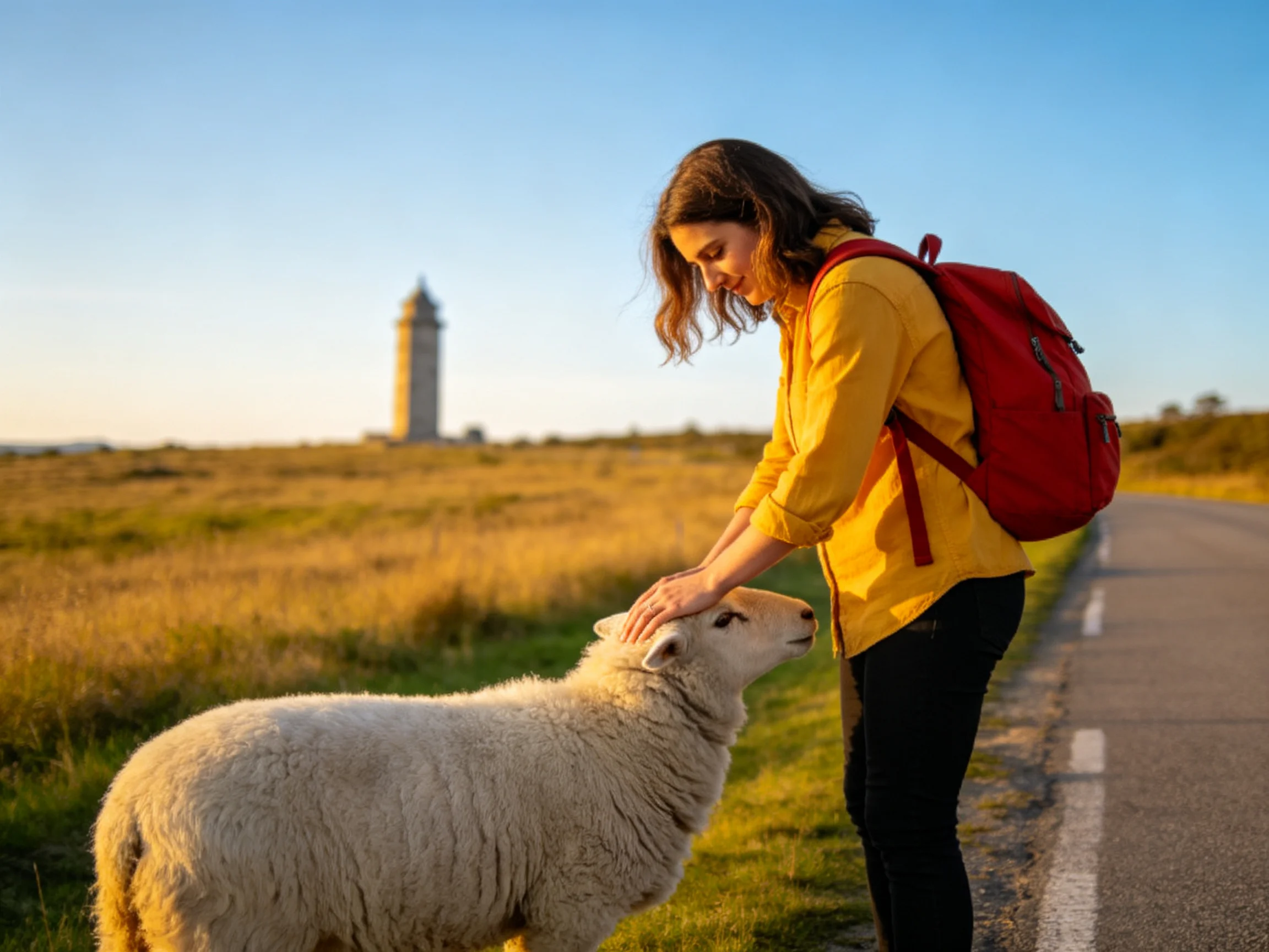 Woman in yellow jacket petting white lamb by rural road with tower