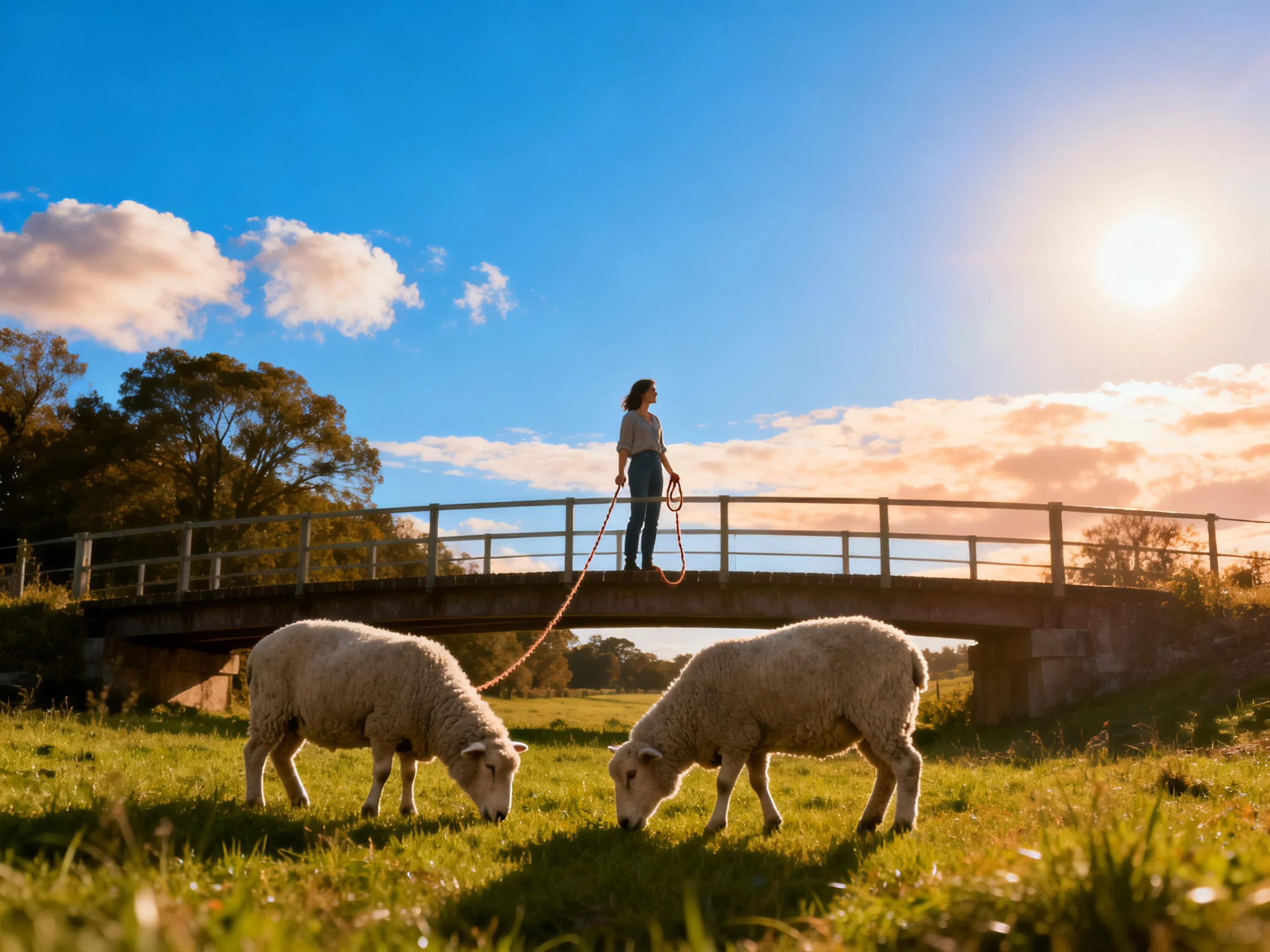 Woman on bridge with two sheep under sunny sky