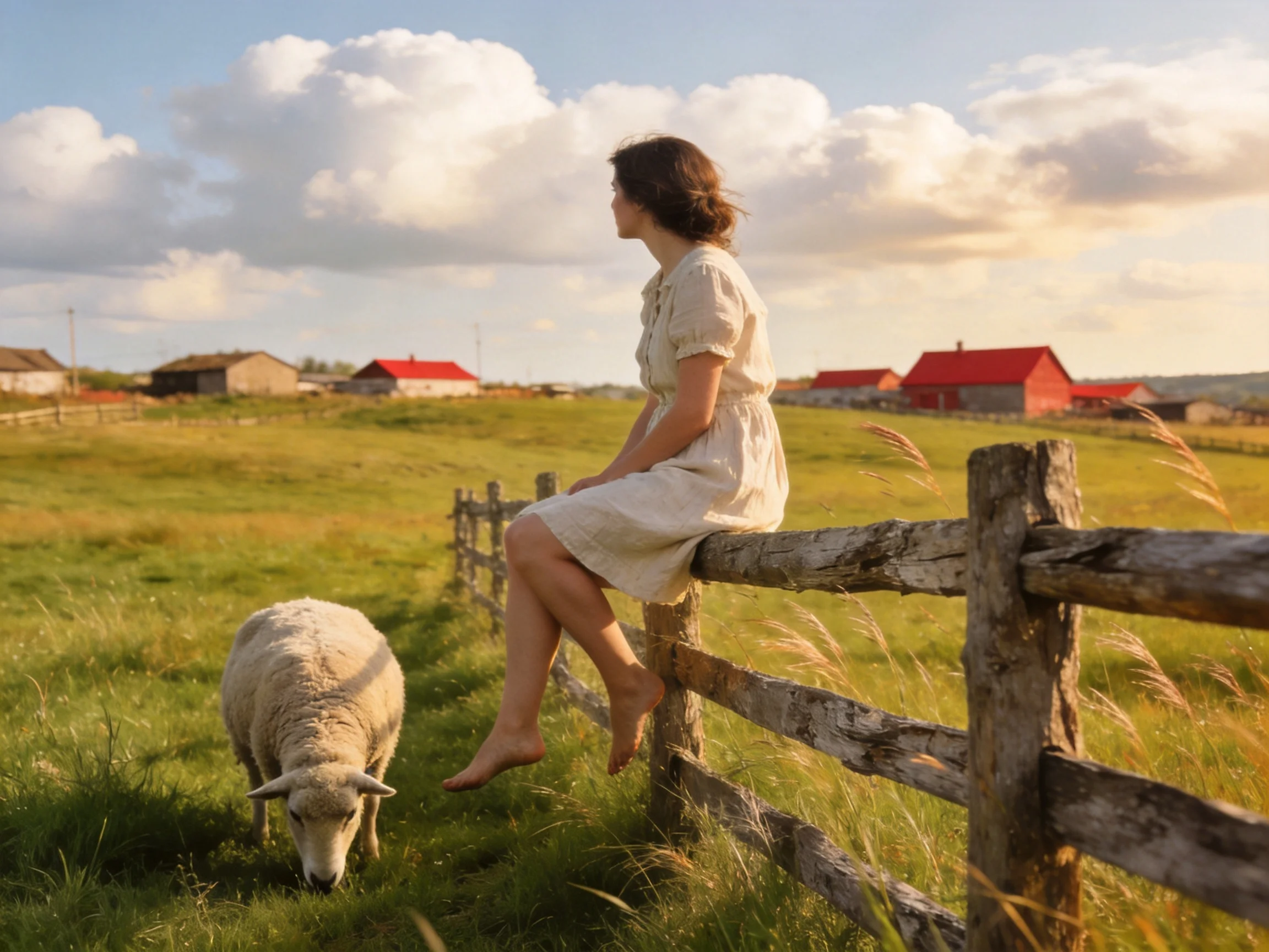 Woman sits on fence by grazing sheep with red farmhouses