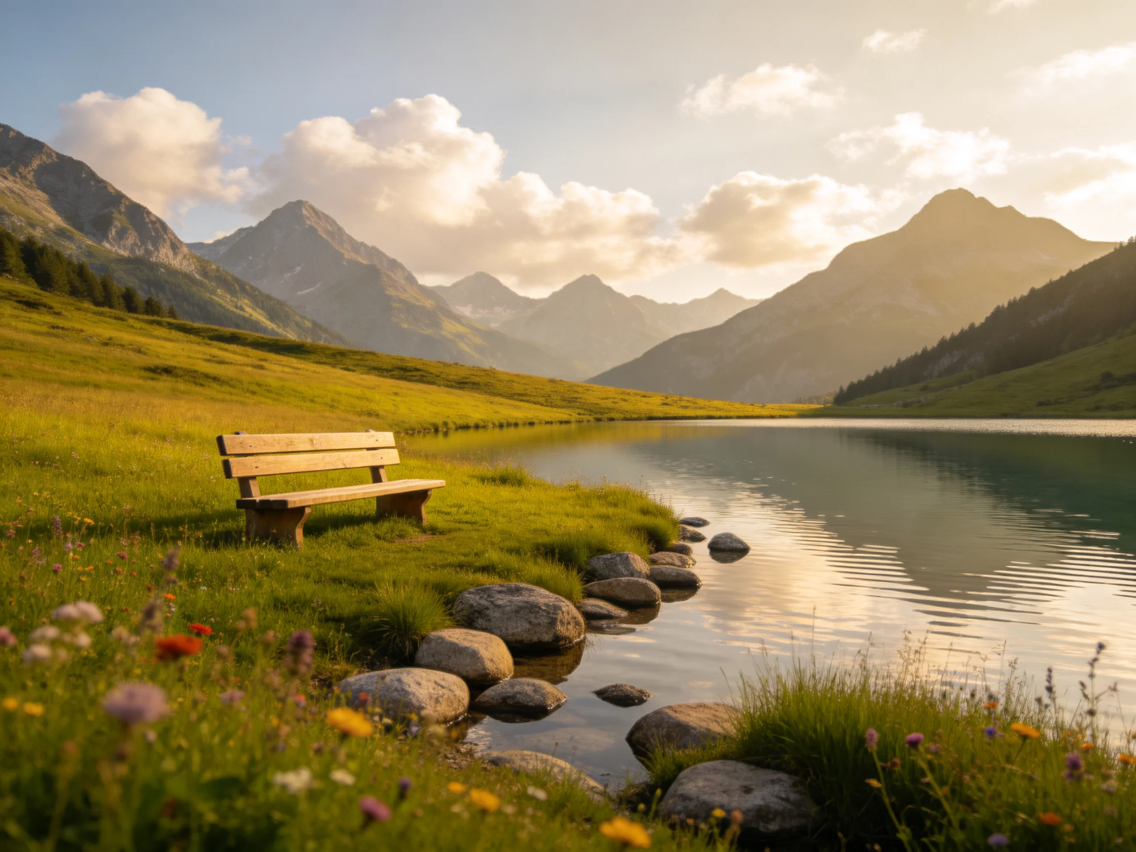 Wooden bench by serene lake amidst grassy hills and mountains