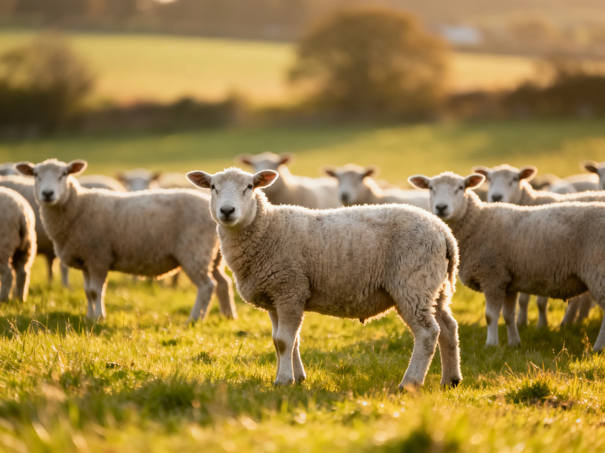 Woolly sheep flock in a sunlit green pasture