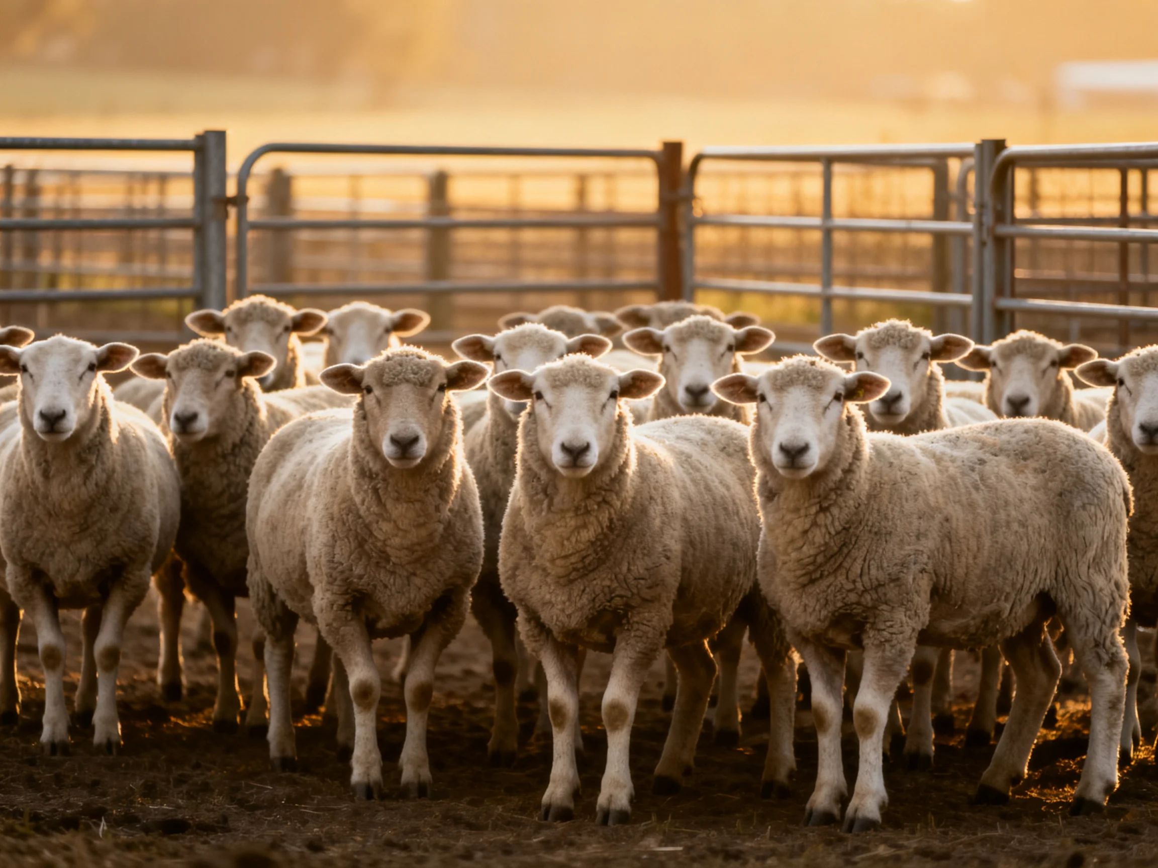 Woolly sheep gather in a fenced enclosure at golden hour
