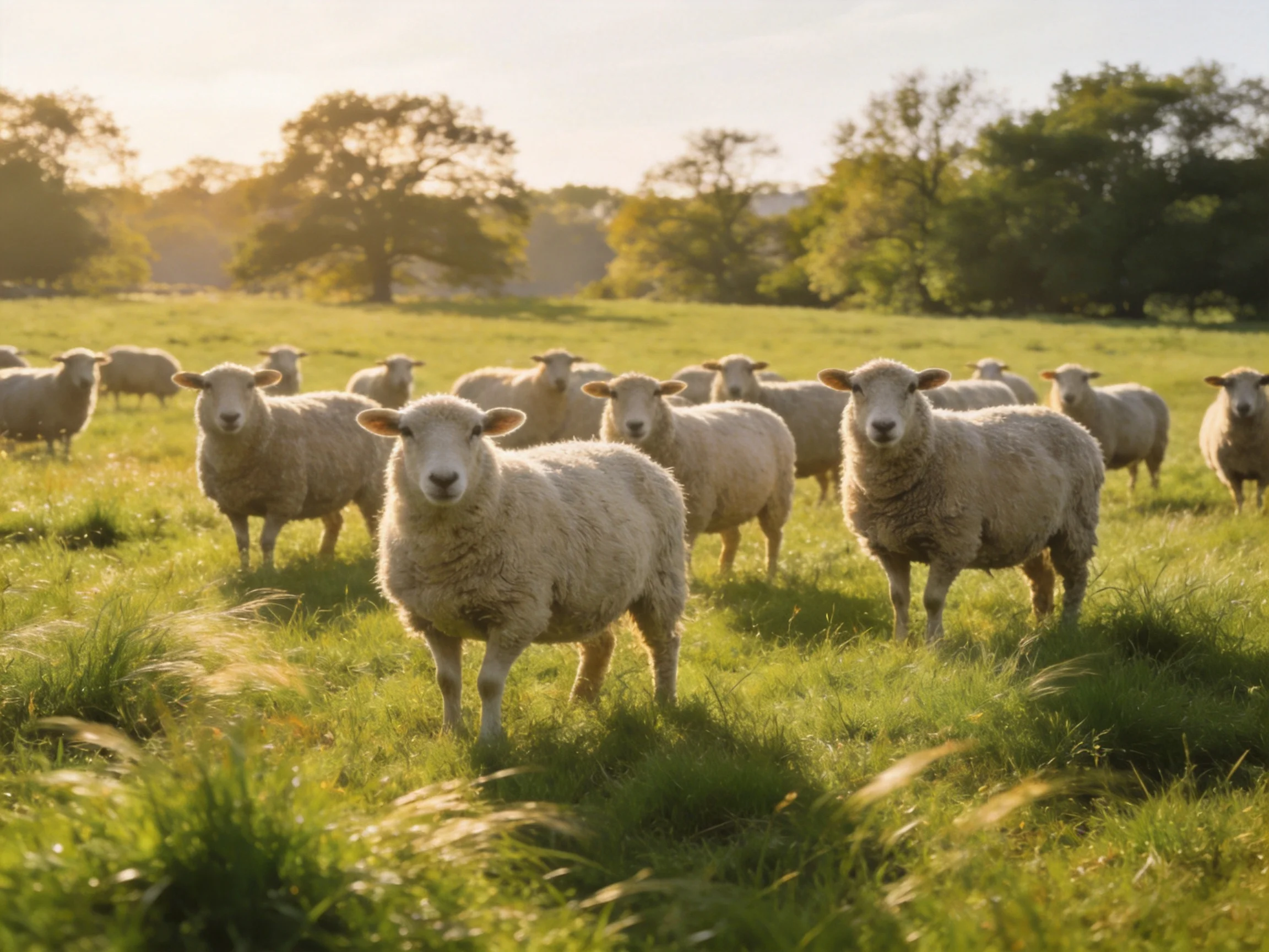 Woolly sheep gather in a sun-drenched pastoral field