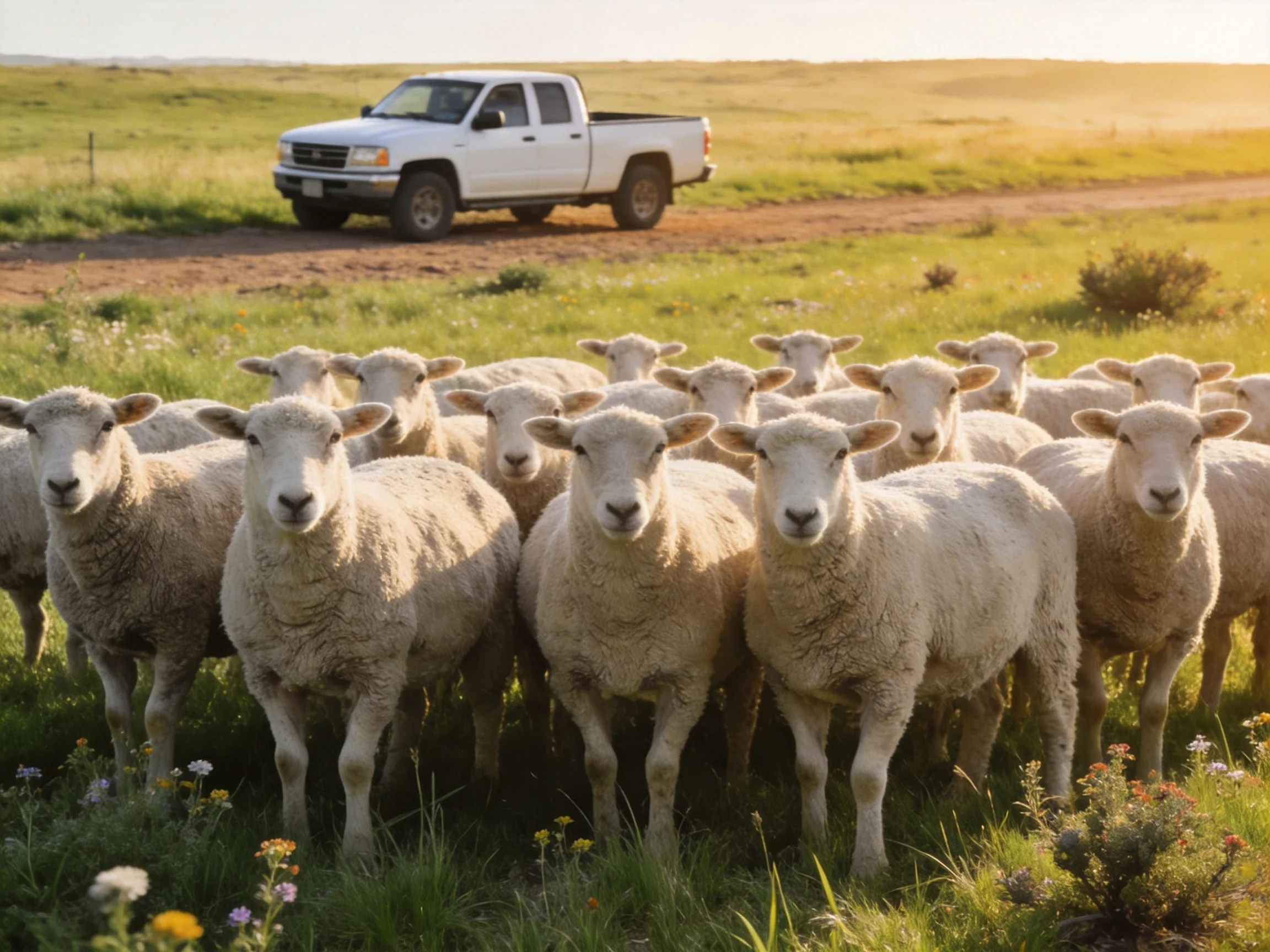 Woolly sheep gather near a white pickup truck in a sunlit field