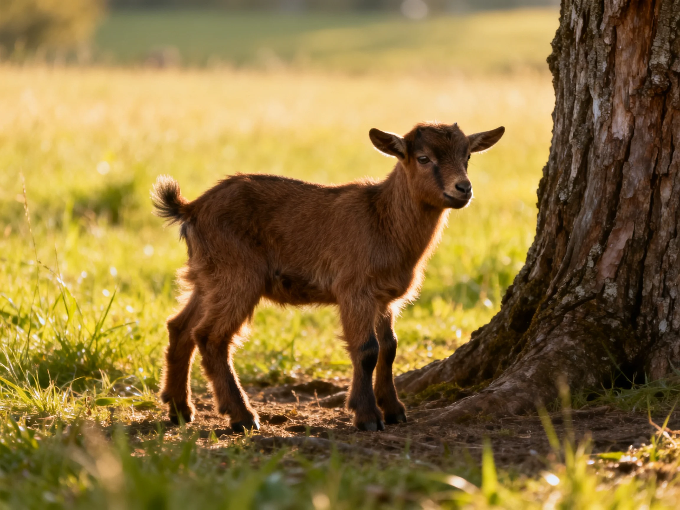 Young brown goat near large tree in sunlit meadow