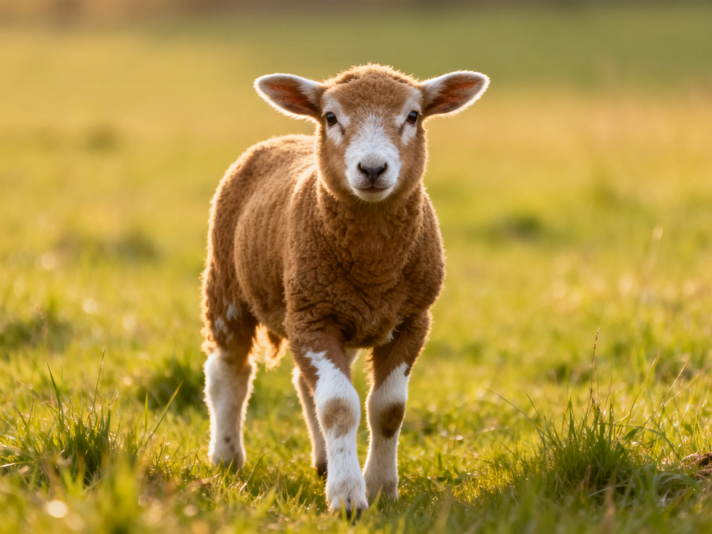 A young brown lamb with white markings approaches the viewer in a sunlit grassy field.