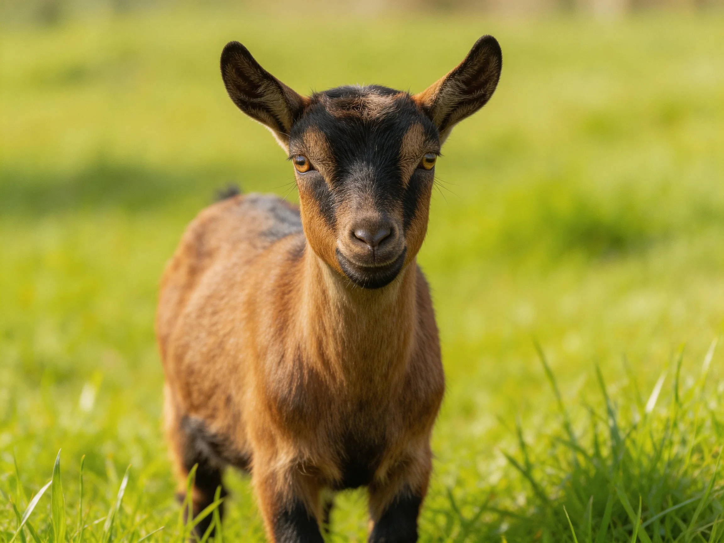 Young goat with brown and black fur in green meadow