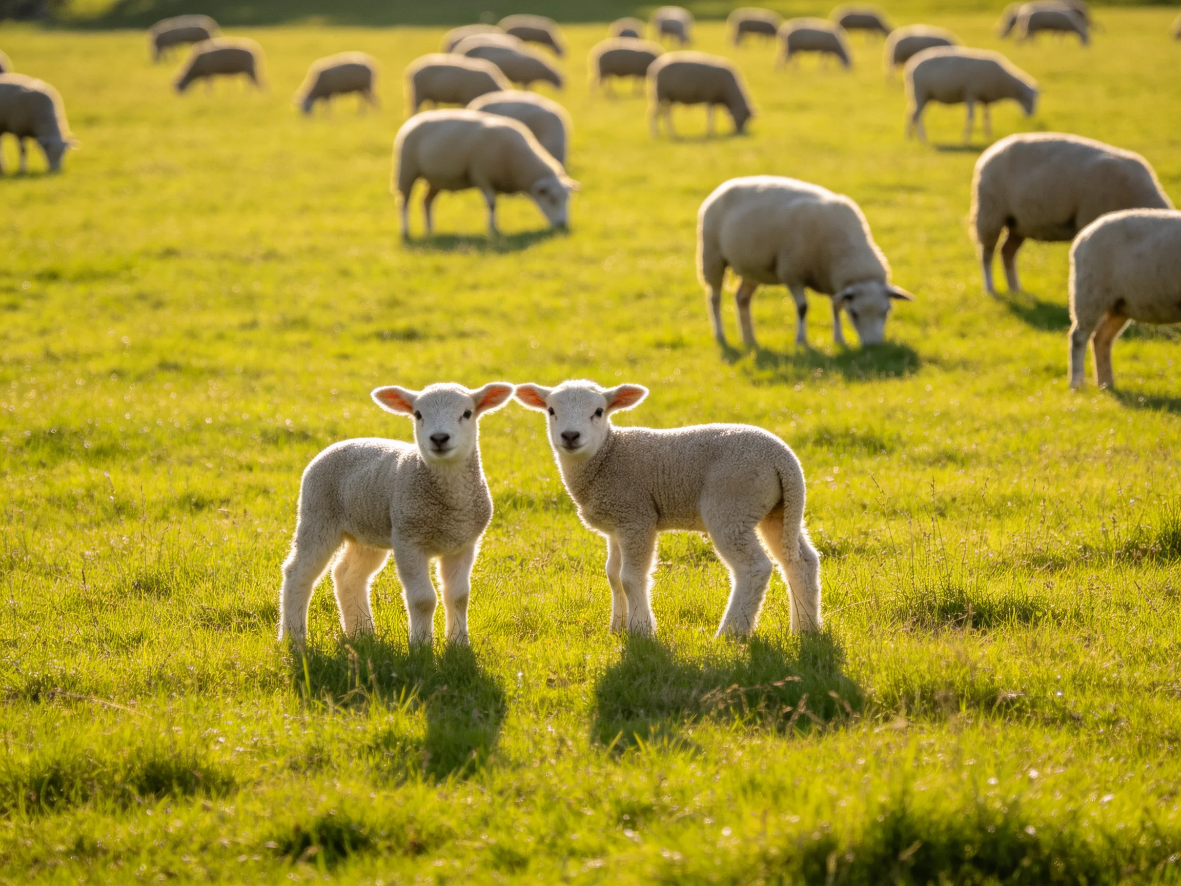 Lambs stand near adult sheep in a sunlit pasture.