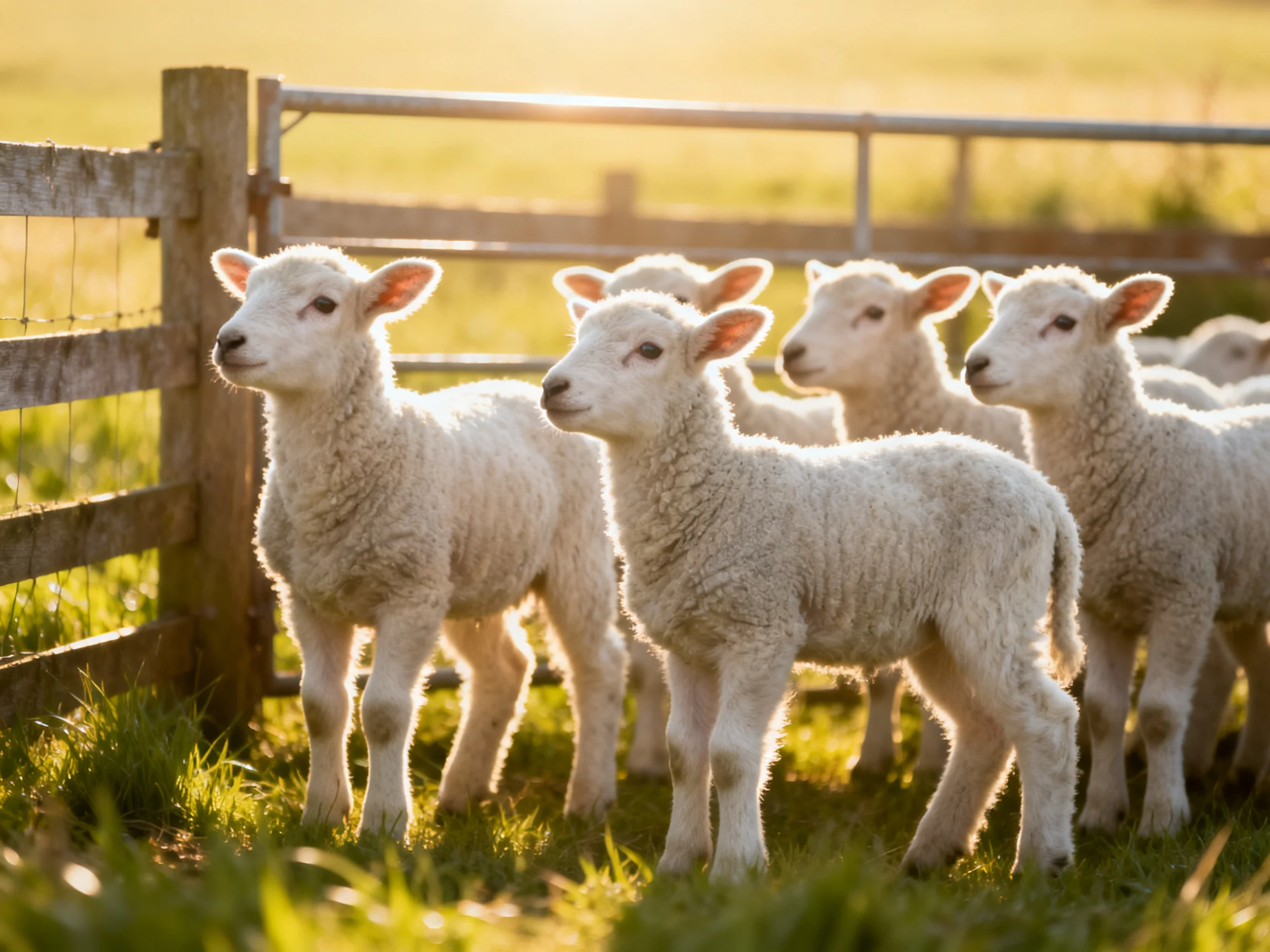 Young lambs gathered near a wooden fence in goldenlight
