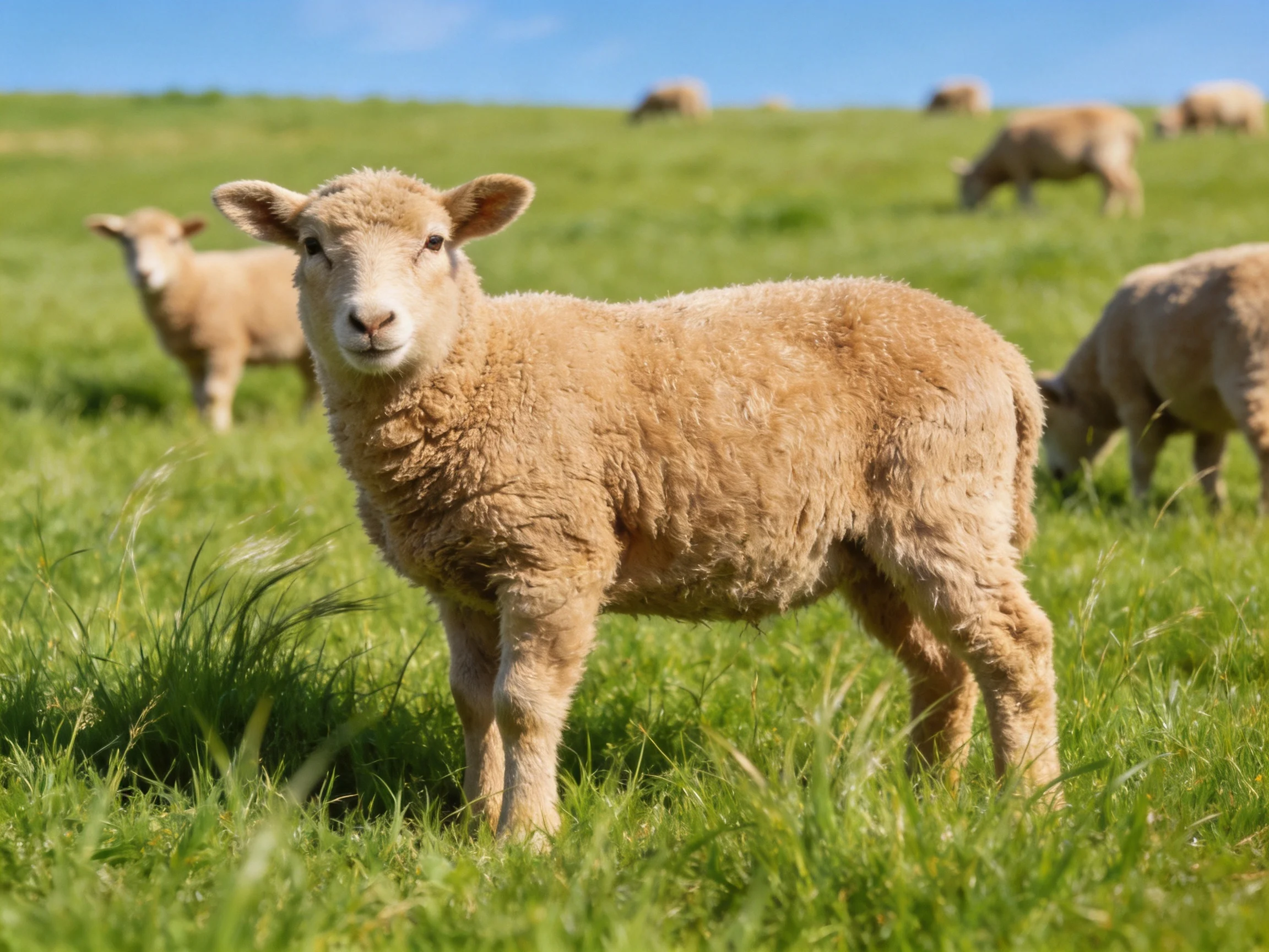 Lambs graze serenely in a sunlit green pasture
