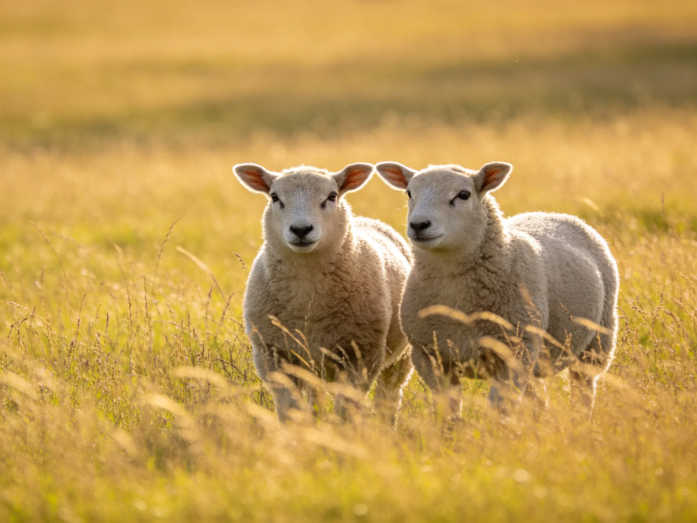 Young lambs in a sunlit golden field