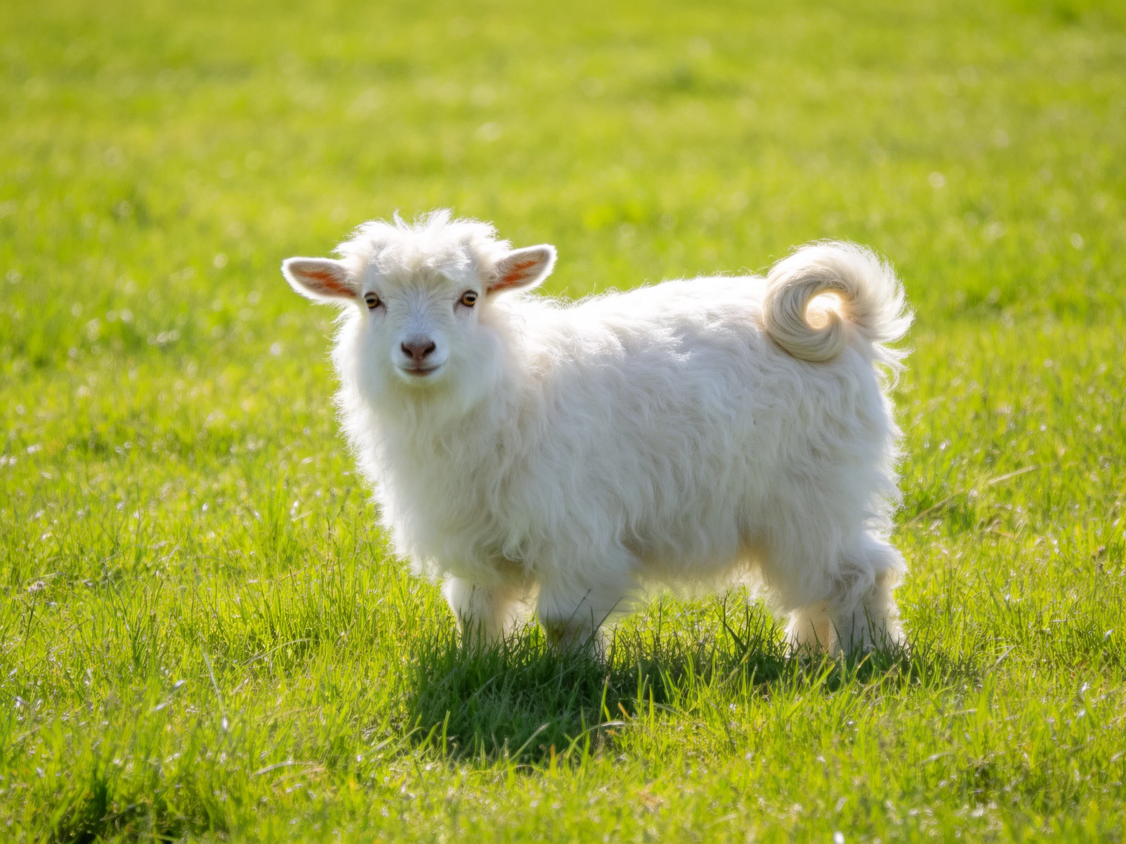 Young white goat on lush green pasture