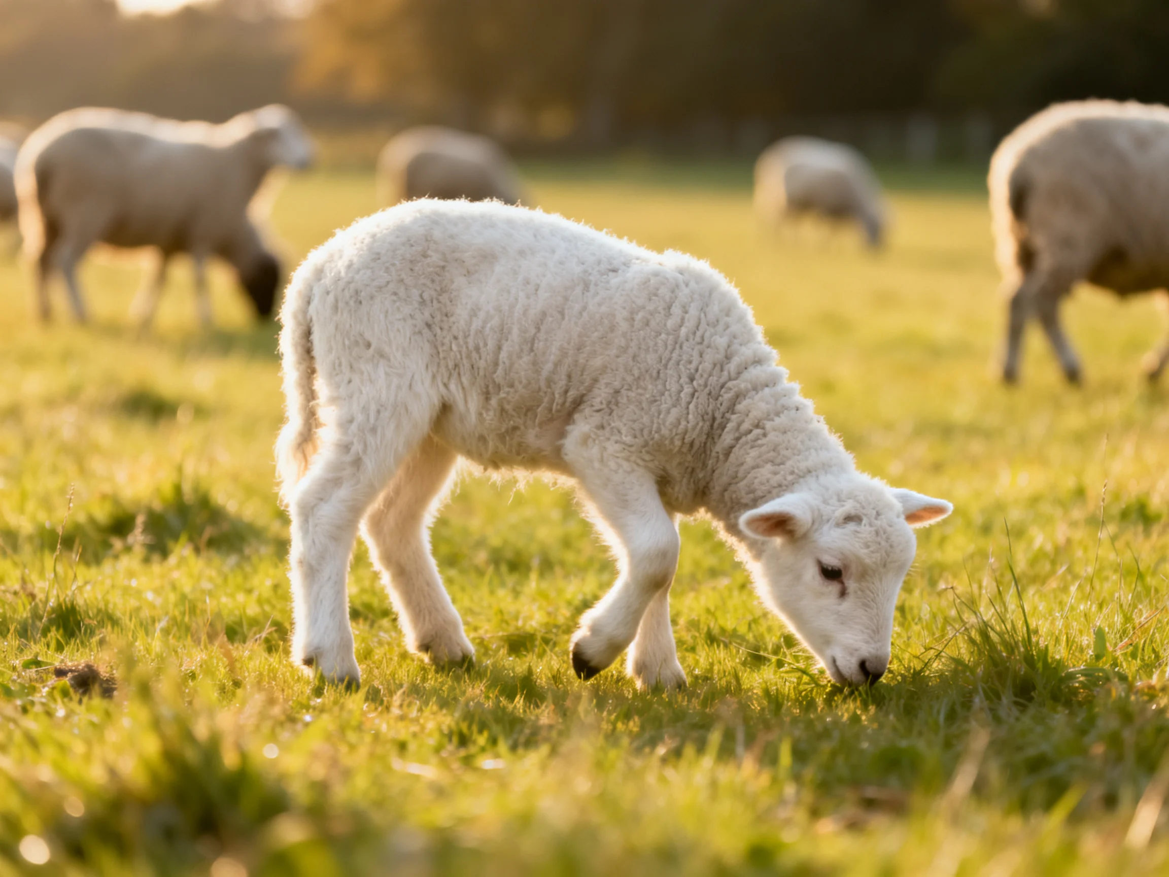 Young white lamb grazing in sunlit green pasture with adult sheep