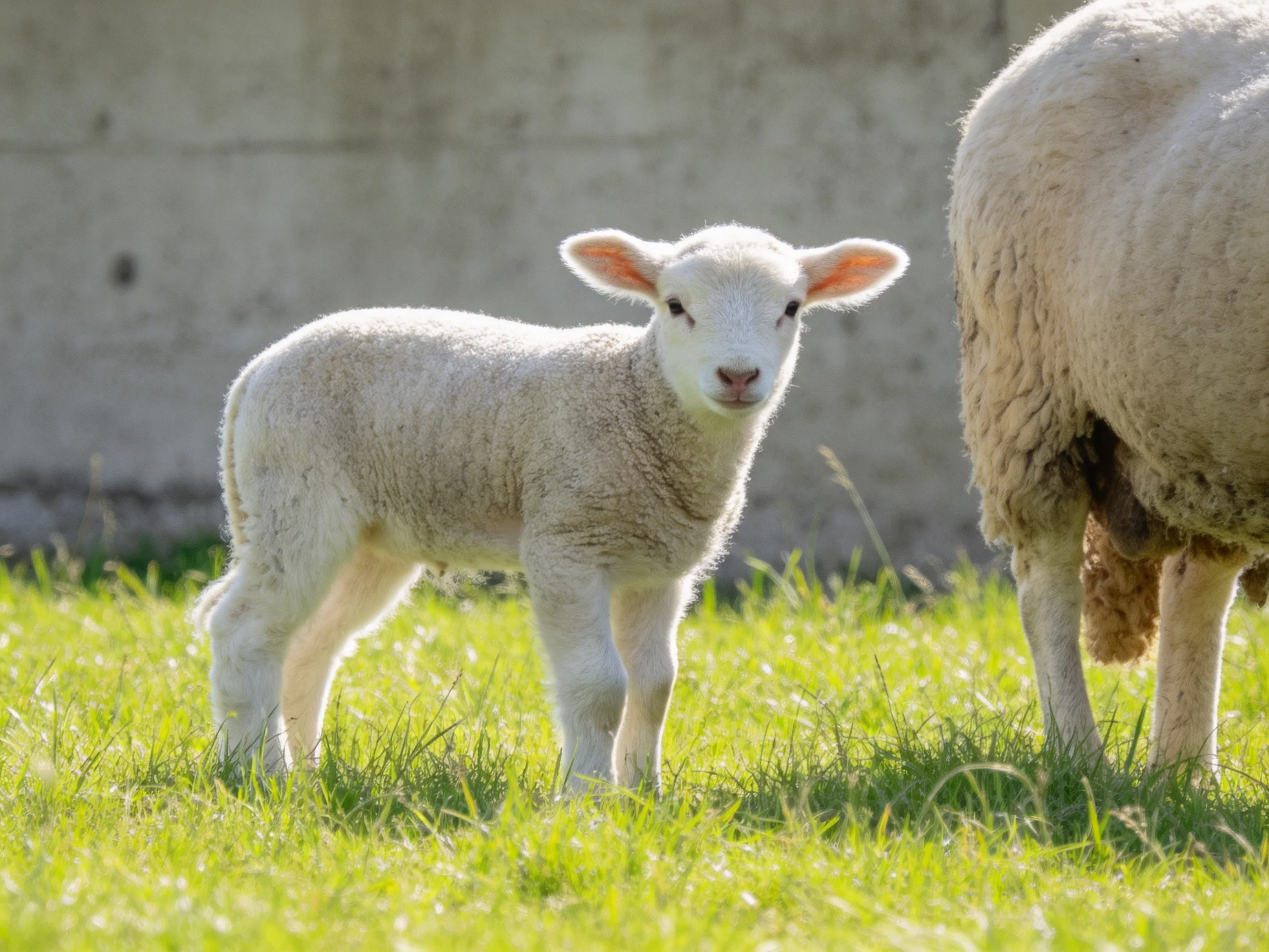 Young white lamb near adult sheep on green grass
