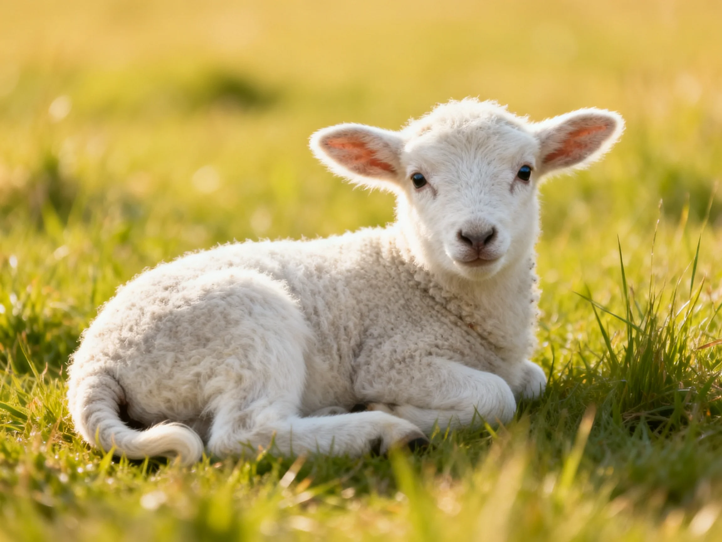 Young white lamb resting in sunlit grassy field